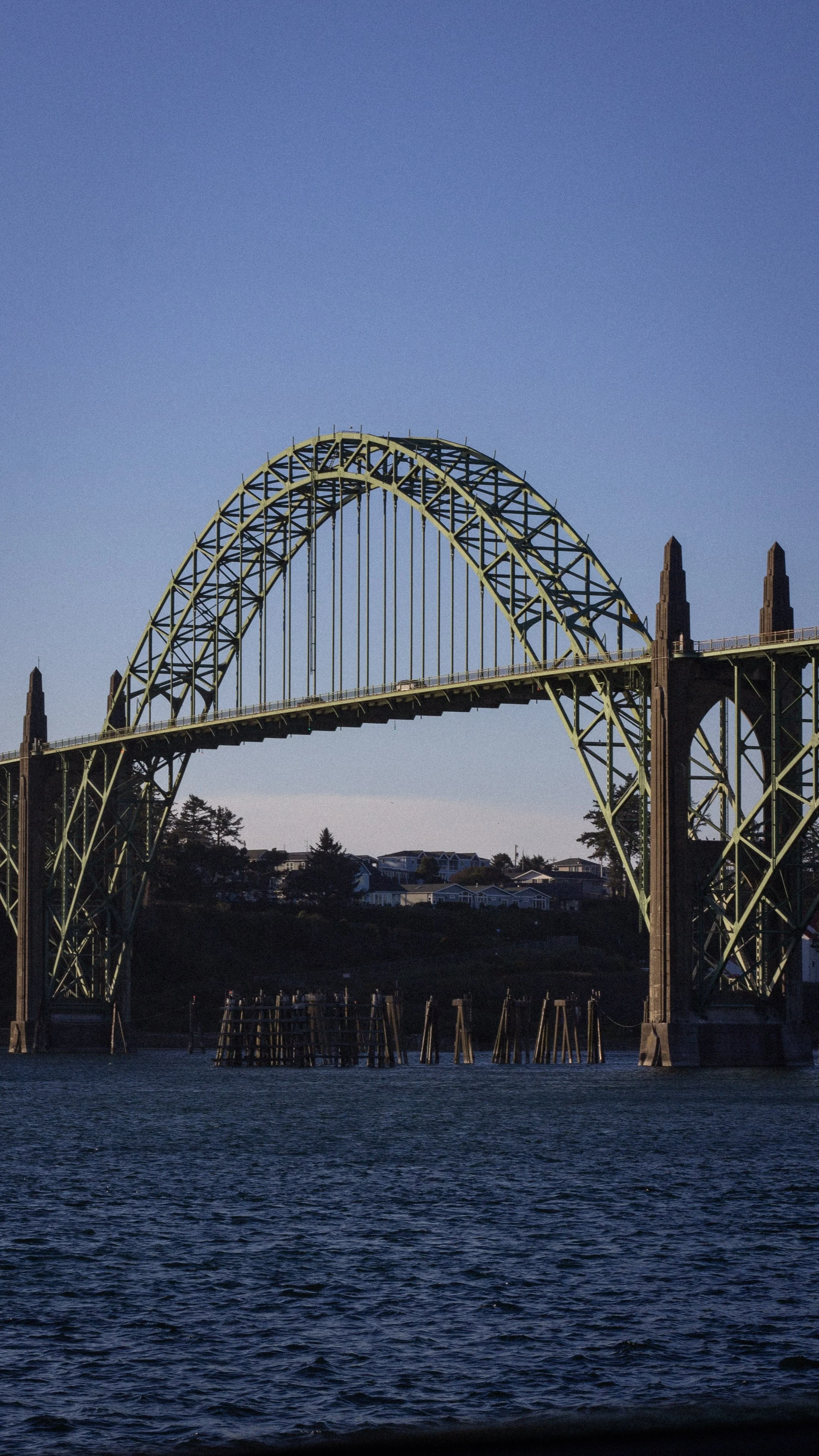 The image shows a large green steel arch bridge over a body of water with houses and trees in the background under a clear blue sky.