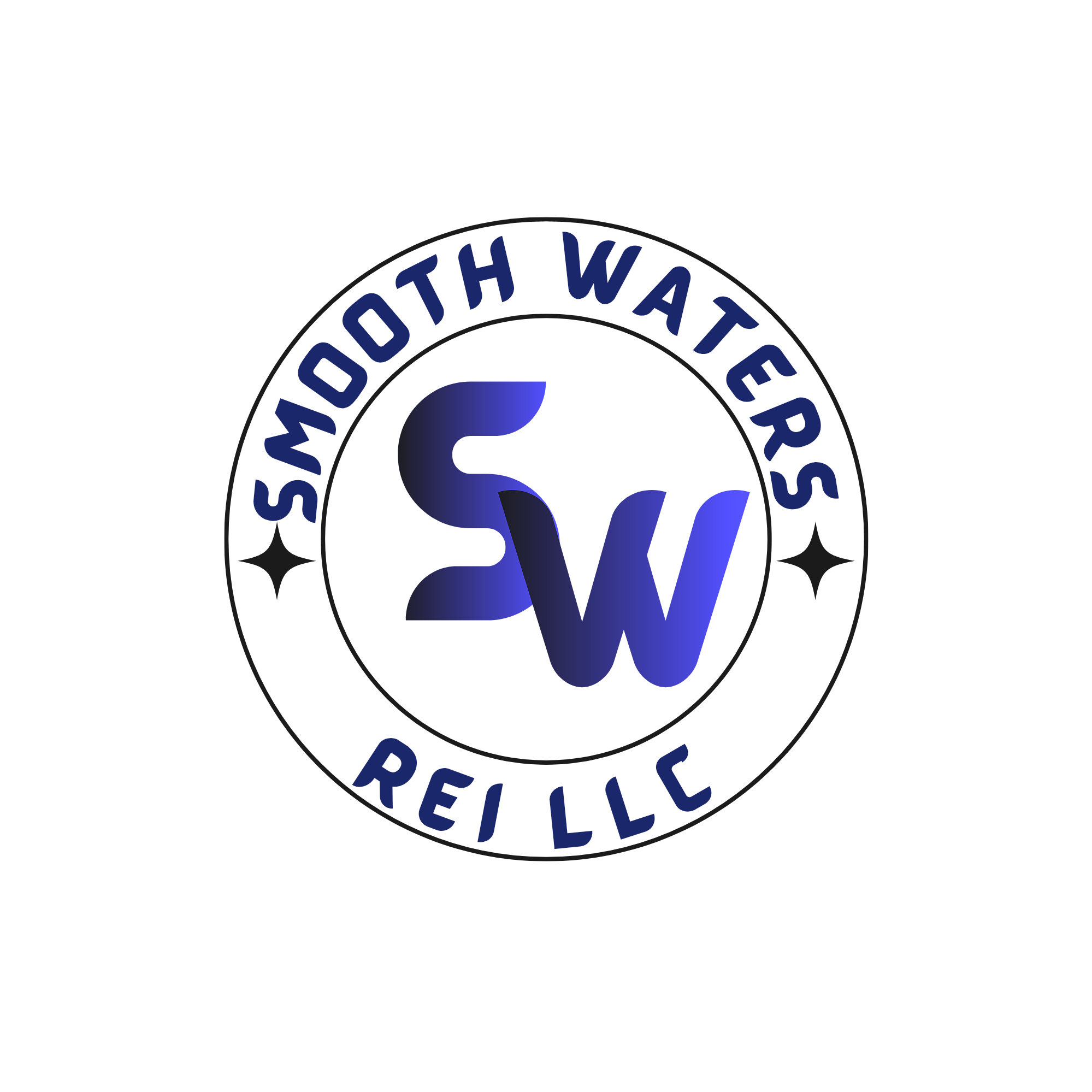 Two blue and black circles with "SW" in the middle and the words "SMOOTH WATERS REI LLC" along the outer edge.