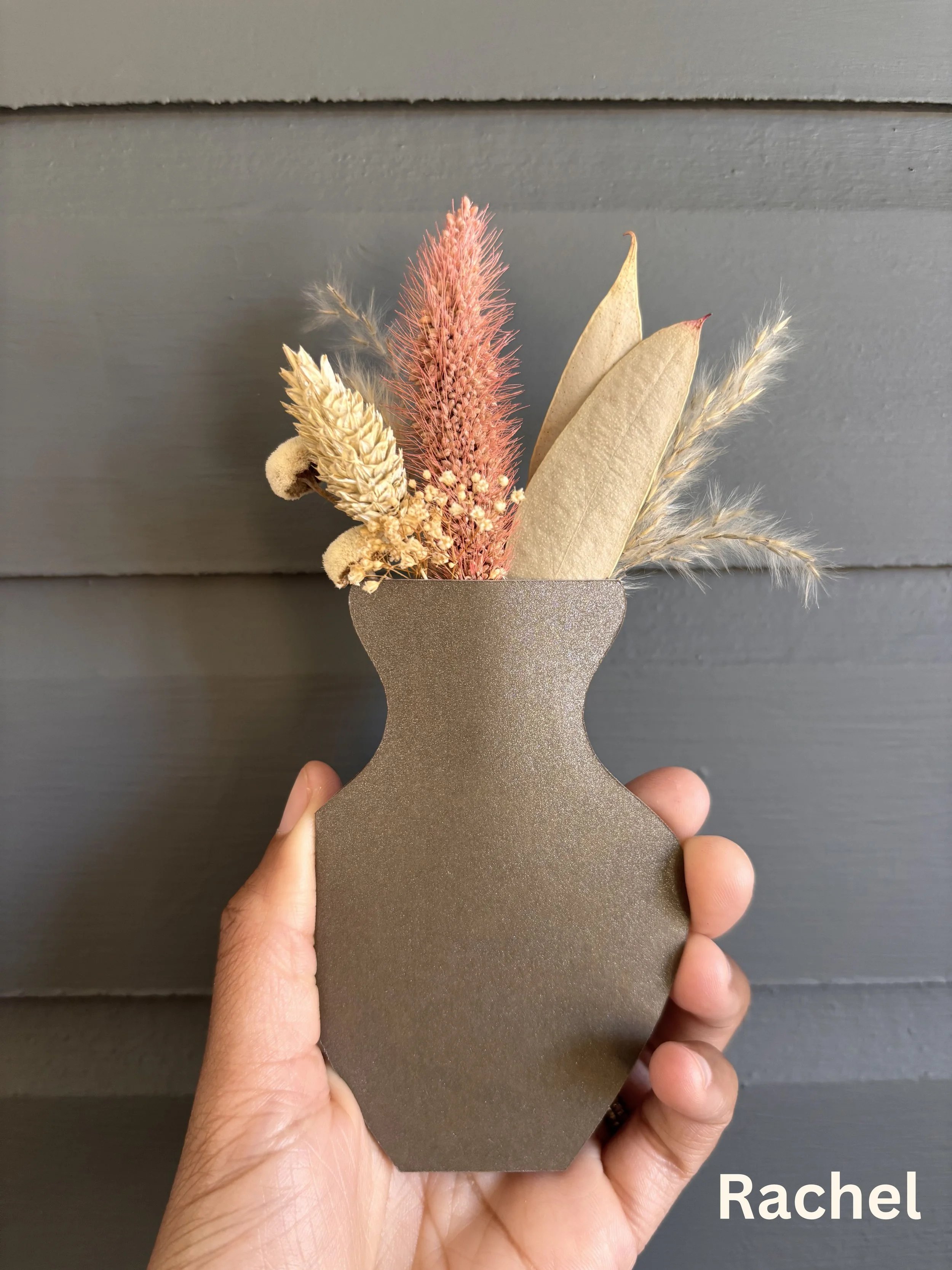 Rachel Bouquet Card — handmade dried botanical greeting card in charcoal pearlescent vase.