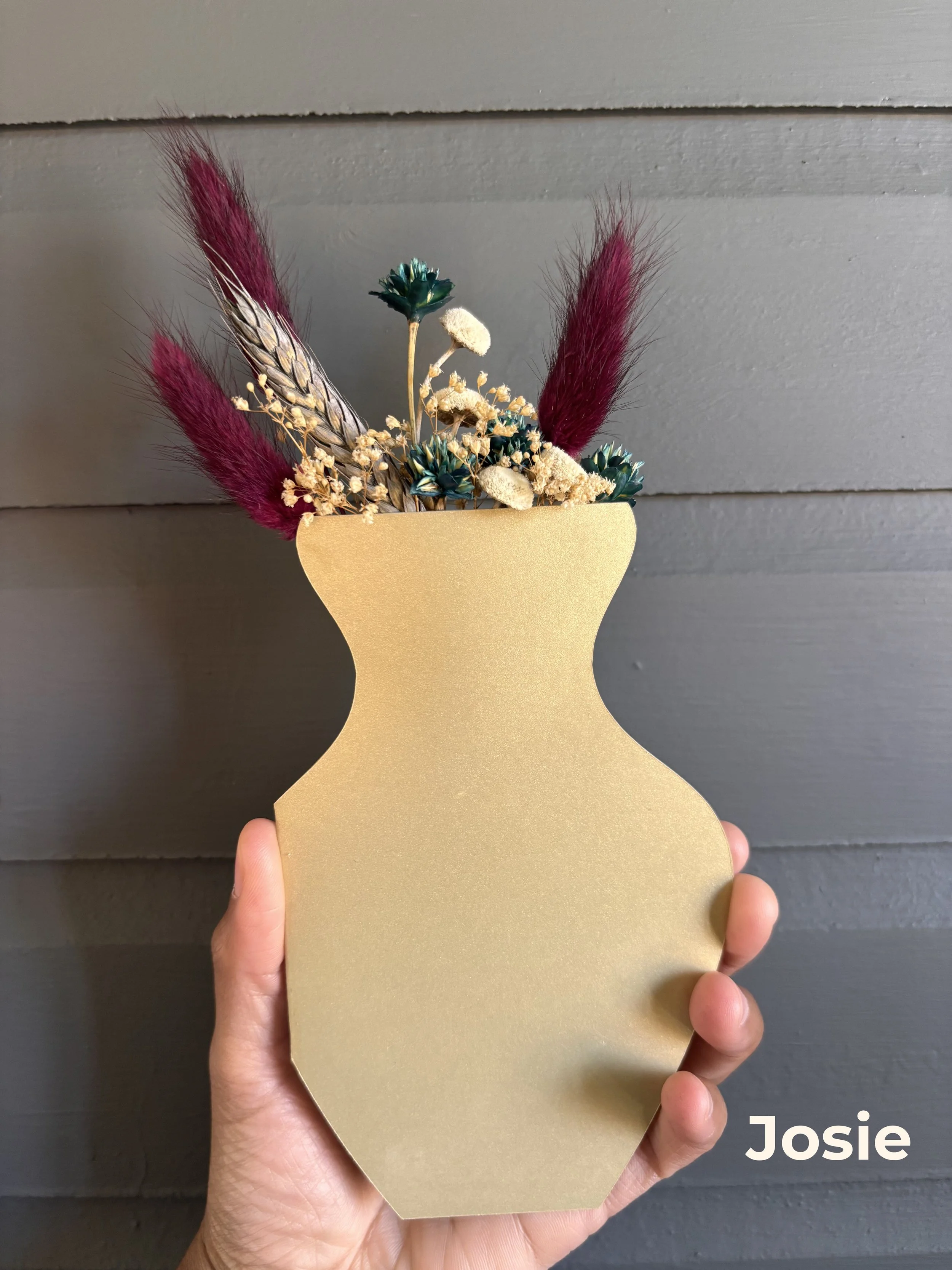 Handmade dried botanical greeting card in soft champagne pearlescent vase.