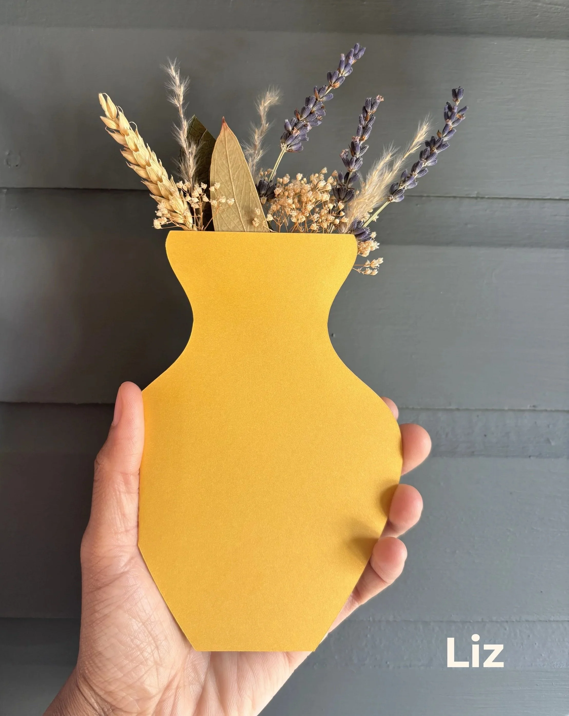 Liz Bouquet Card — handmade dried botanical greeting card in golden yellow pearlescent vase.