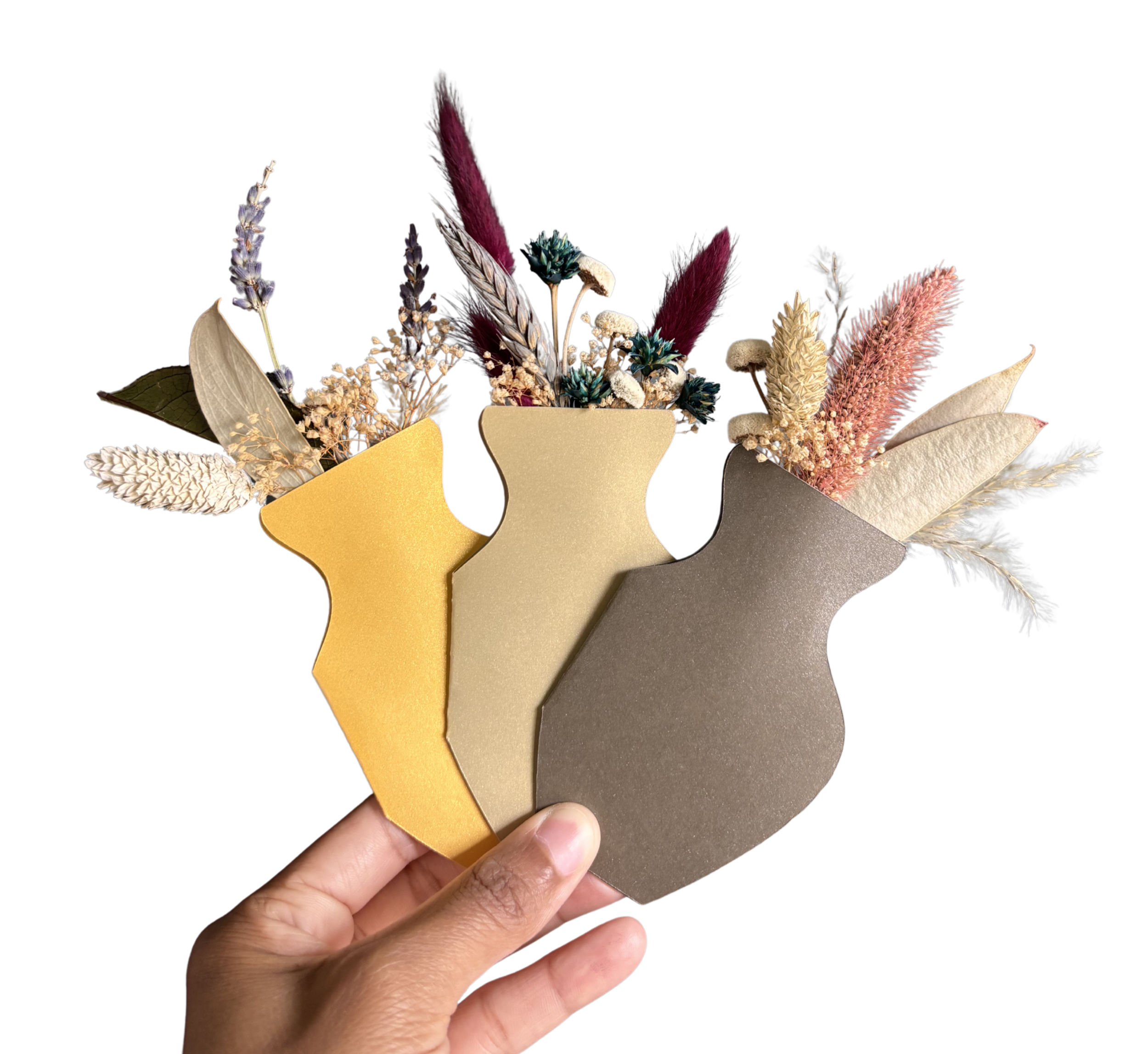 Petals to Paper Studio Bouquet Card bundle — set of 3 handmade dried botanical greeting cards in pearlescent vase silhouettes.