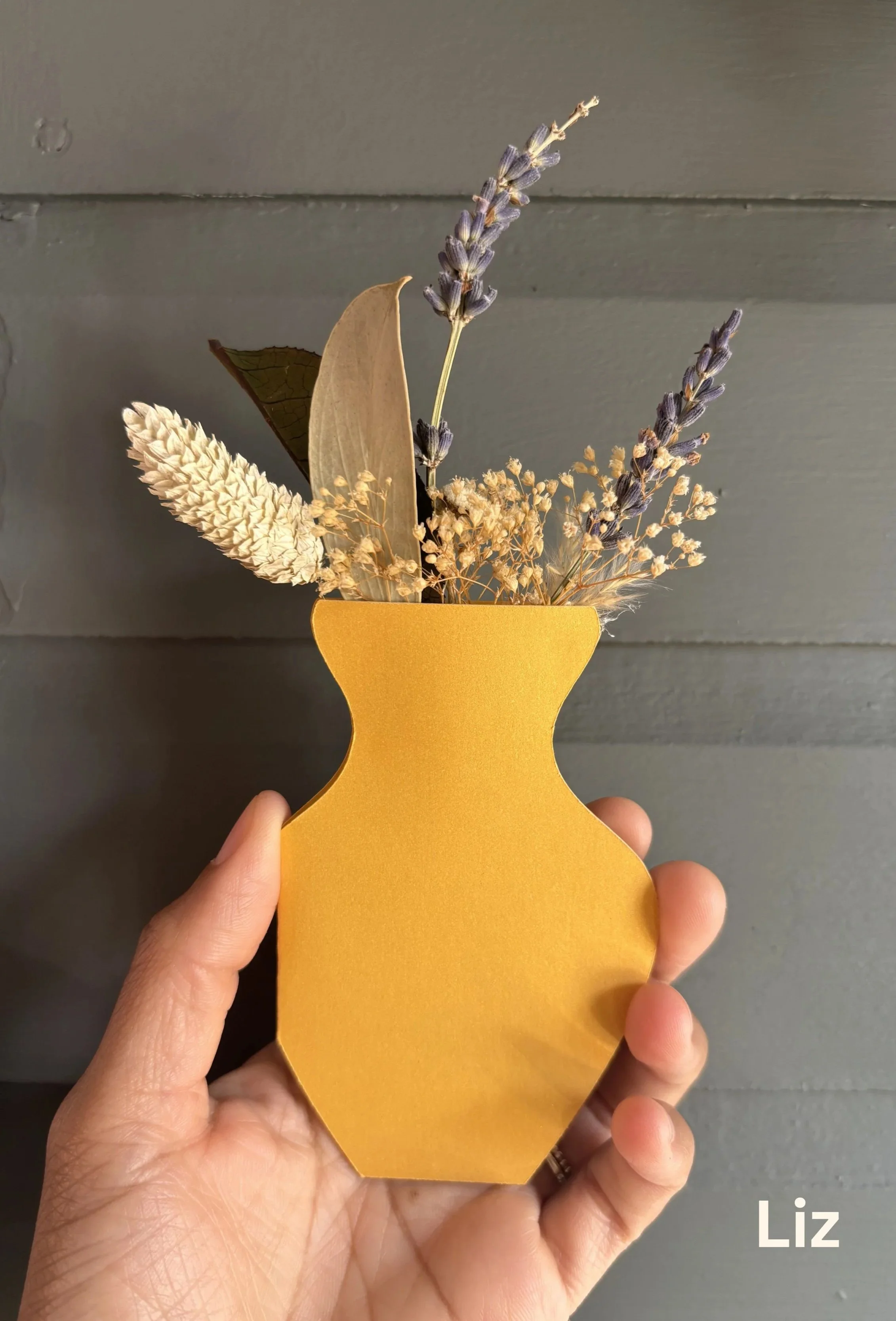 Liz Bouquet Card — handmade dried botanical greeting card in golden yellow pearlescent vase.