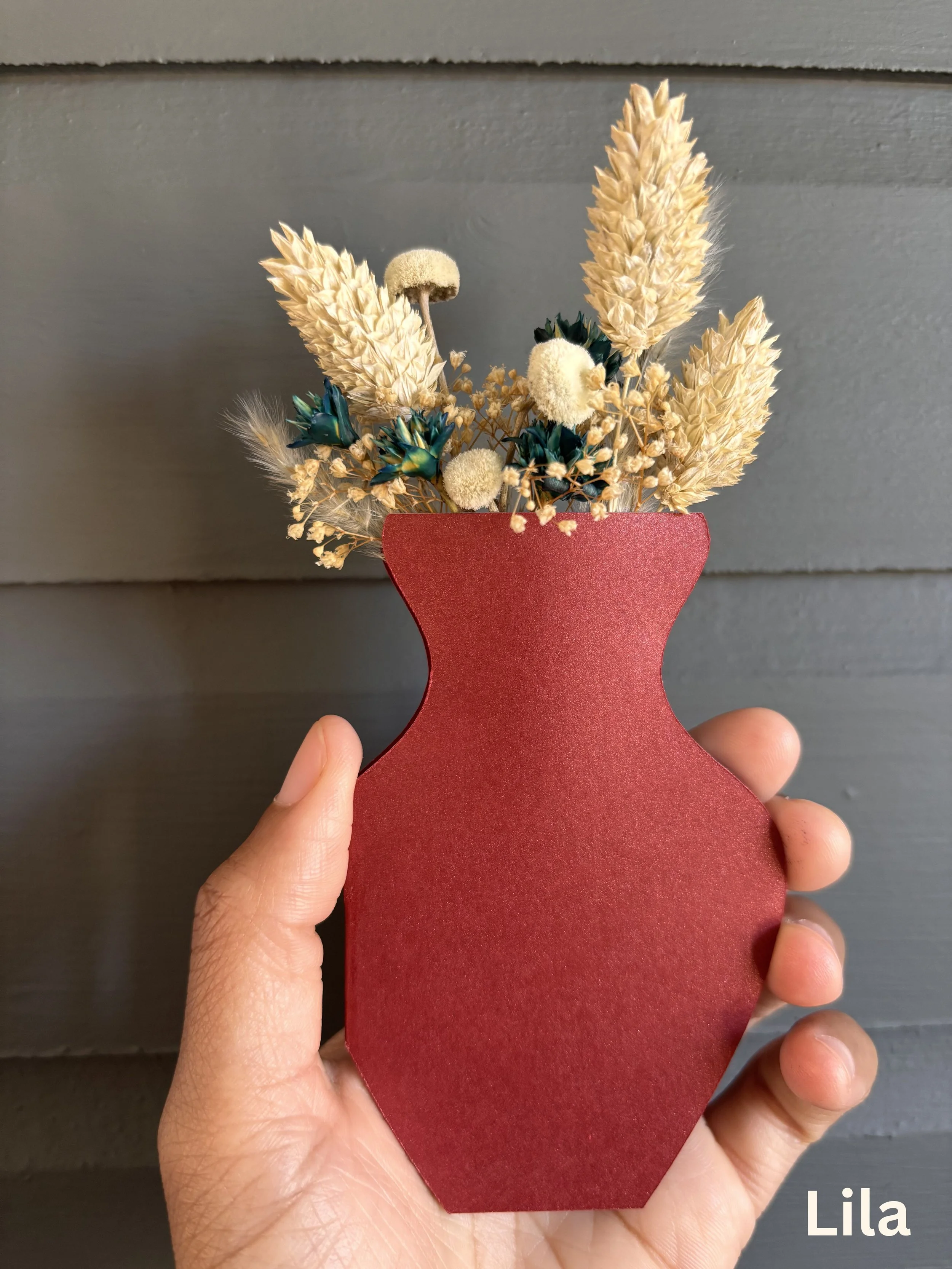 Lila Bouquet Card - Handmade dried botanical greeting card in deep red pearlescent vase silhouette