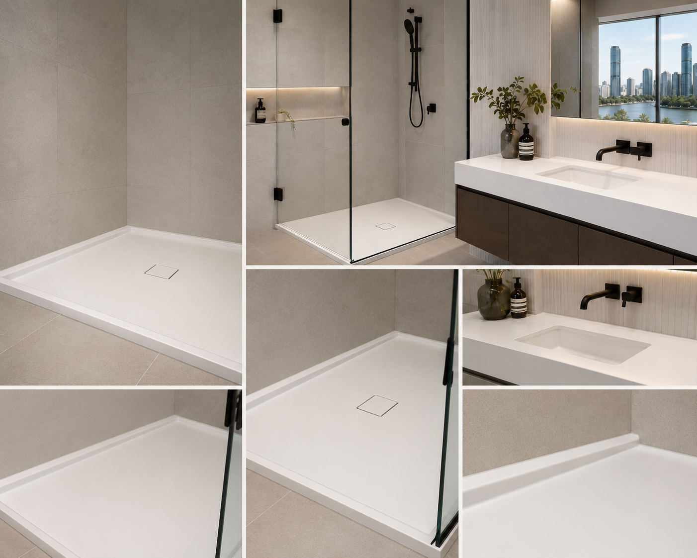 Modern bathroom with a walk-in shower, a white vanity with a black faucet, and a large window showcasing a city skyline and river view. Formed Solid Surface