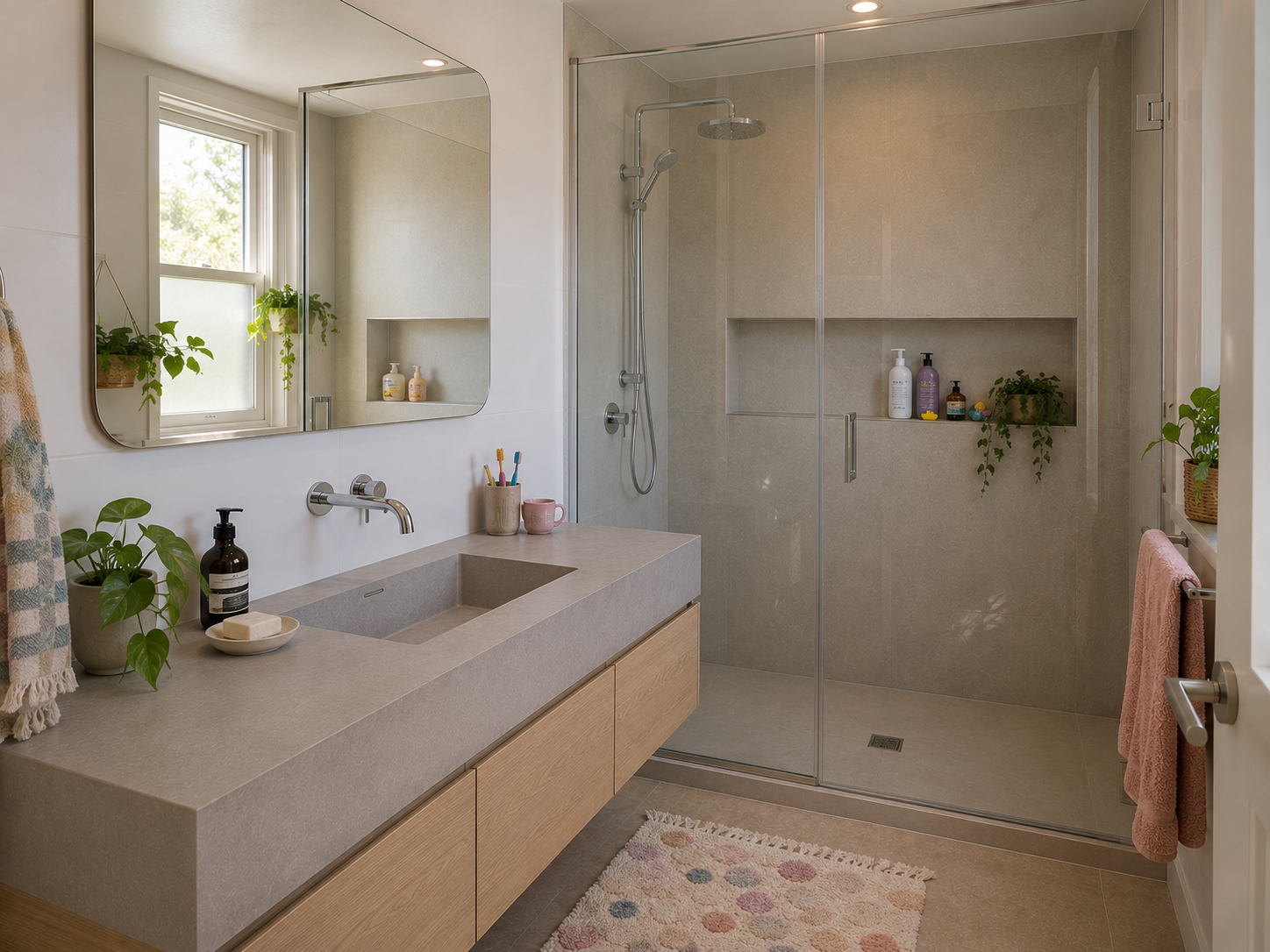 Modern bathroom with a large mirror, a beige countertop sink, potted plants, and a glass-enclosed shower with built-in shelves.