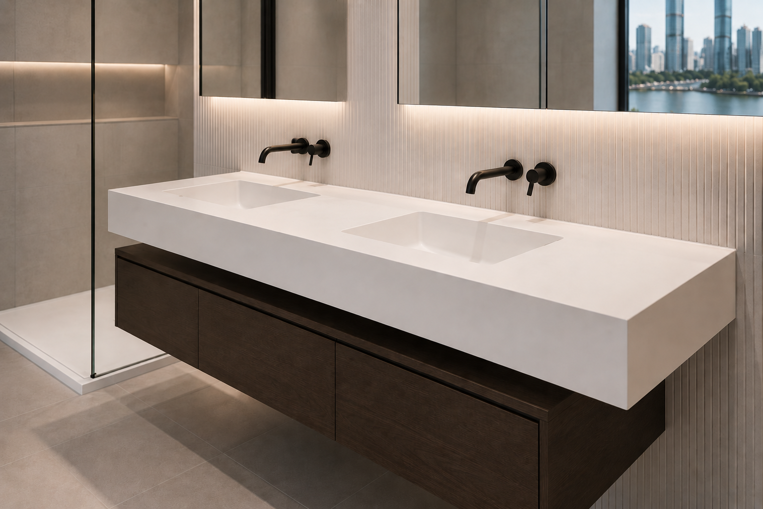 Modern bathroom with double white countertop sinks, black wall-mounted faucets, a wooden vanity, a large mirror, and a view of city buildings and water through a window. Formed Solid Surface