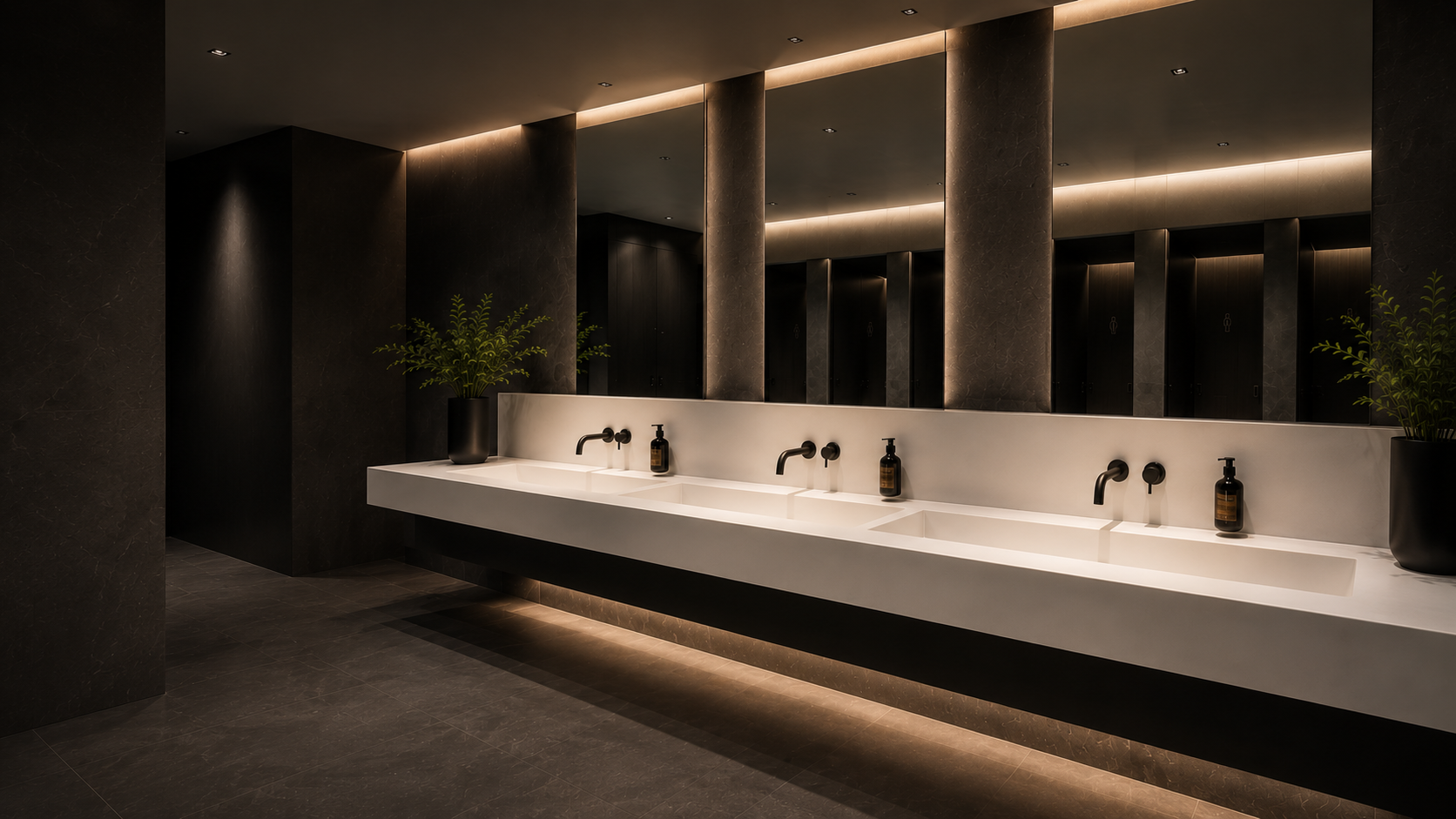 A modern, minimalist restroom with a long white countertop containing three integrated sinks and black wall-mounted faucets. There are two large potted plants on the counter, each with green foliage. The wall behind the countertop is a large mirror, 