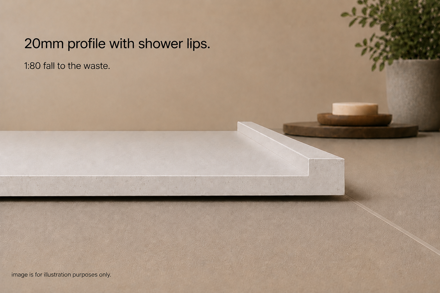 20mm solid surface shower base with shower lip profile in Mt Carrara