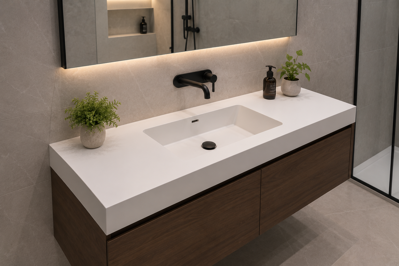 Modern bathroom vanity with a white countertop, black wall-mounted faucet, and two potted plants, with a mirror that has built-in lighting.