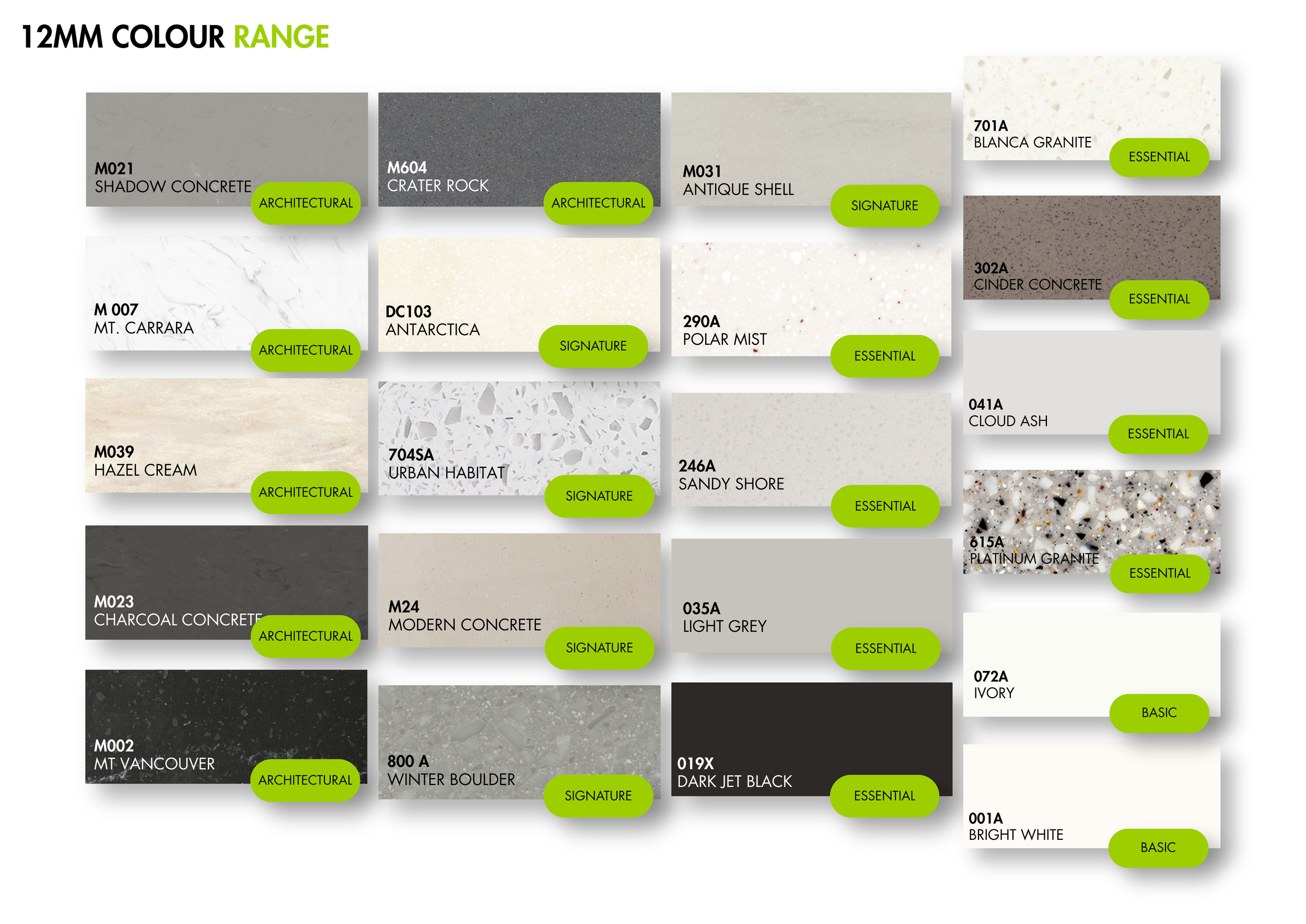A selection of various colored and textured concrete and stone samples arranged in a grid pattern, each labeled with a name and classification tags such as 'Architectural', 'Signature', 'Essential', or 'Basic'.