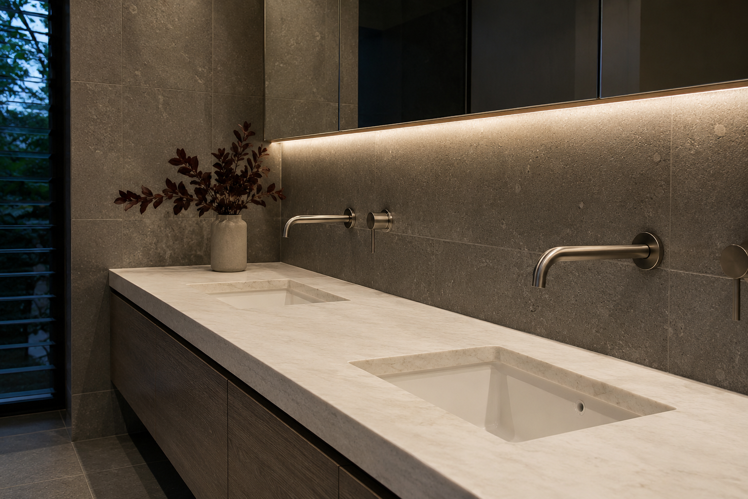 Modern bathroom with dual sinks, marble countertop, dark wood vanity, dark gray tiled walls, and a potted plant on the countertop.