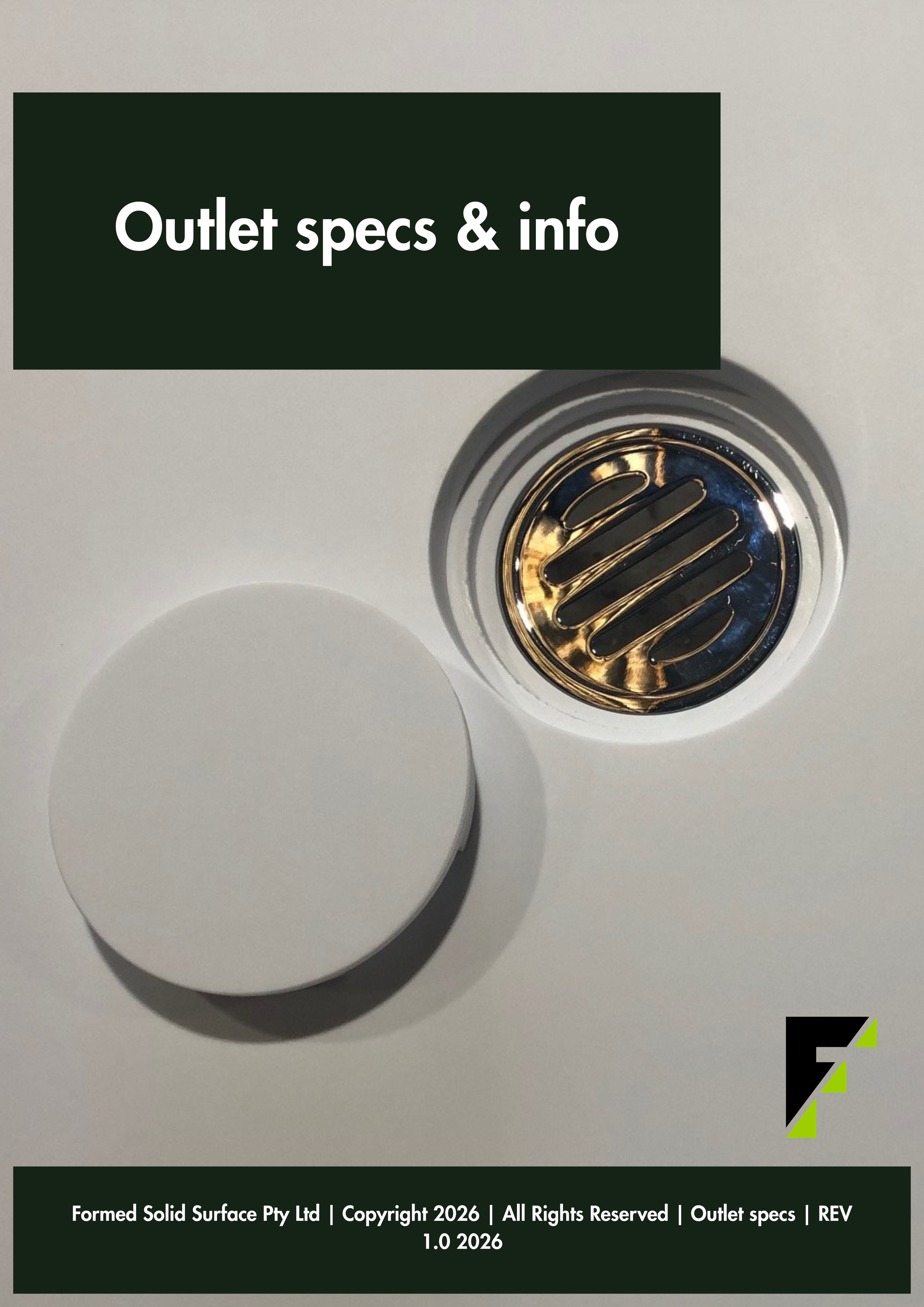 Close-up of a round drain on a solid surface, with a white circular cover nearby and a dark green label with white text reading 'Outlet specs & info'. Below, there is a black footer with the company's name, copyright info, and revision details.
