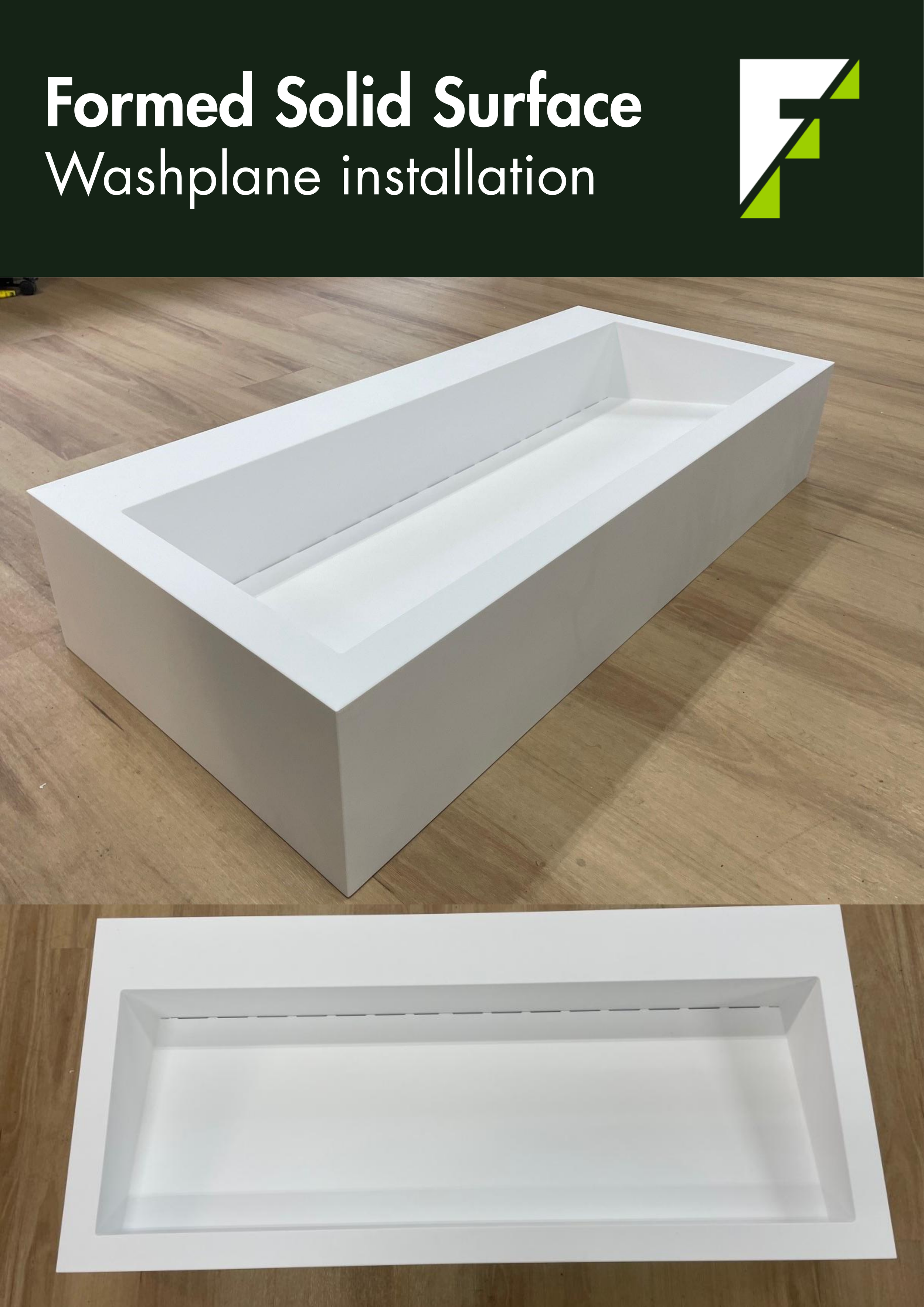 A white rectangular solid surface countertop with a rectangular opening in the center, placed on a wooden floor, and another similar surface underneath. Formed Solid Surface