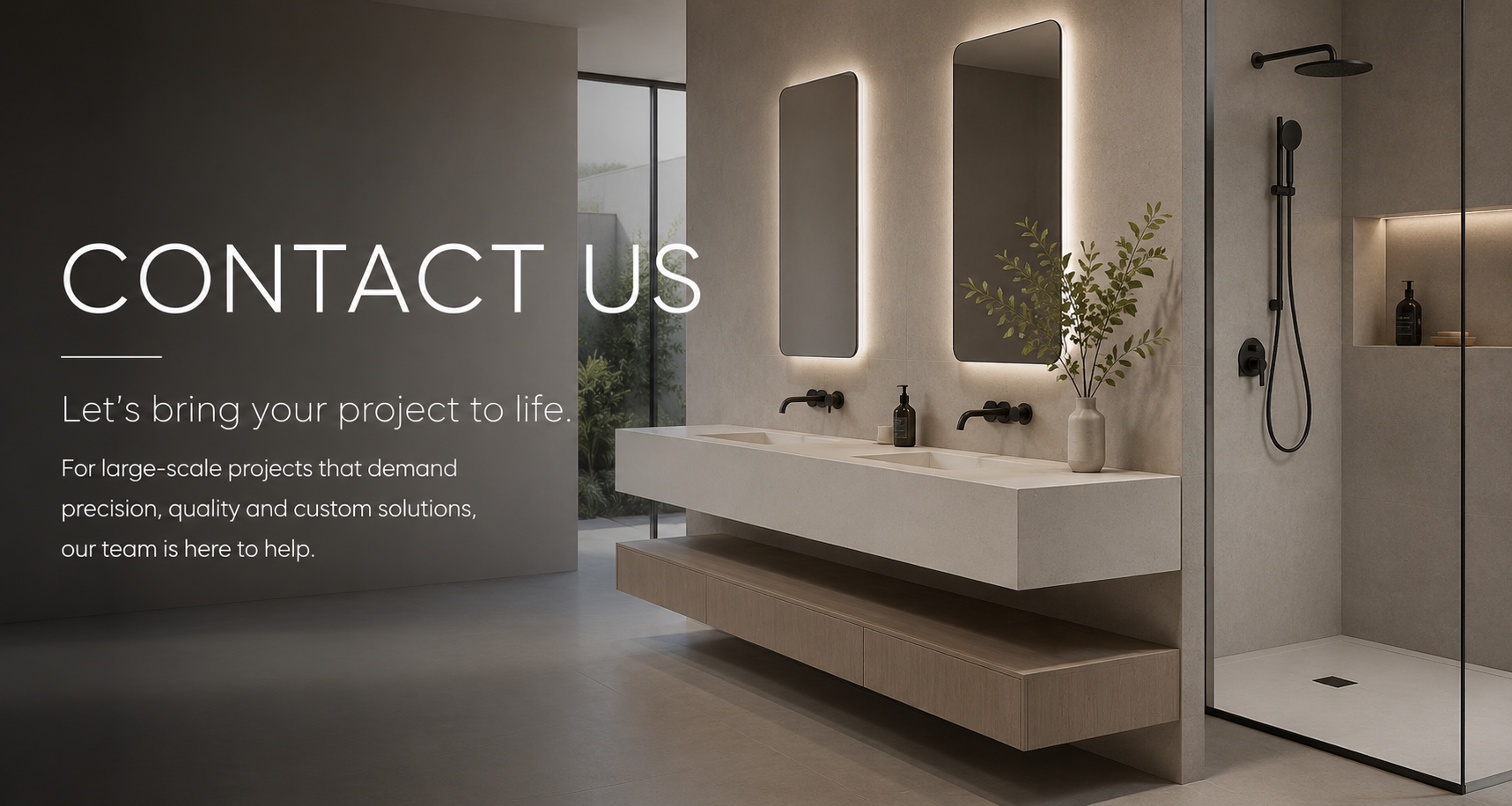 Modern bathroom with dual sinks and mirrors, a mineral soap dispenser, and a minimalistic shower area with a built-in shelf and black fixtures, illuminated by natural and soft backlighting.