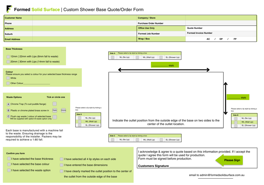 Form titled 'Formed Solid Surface | Custom Shower Base Quote/Order Form' with sections for customer details, base thickness options, color options, waste options, outlet position diagram, and customer signature, featuring green and white color scheme.