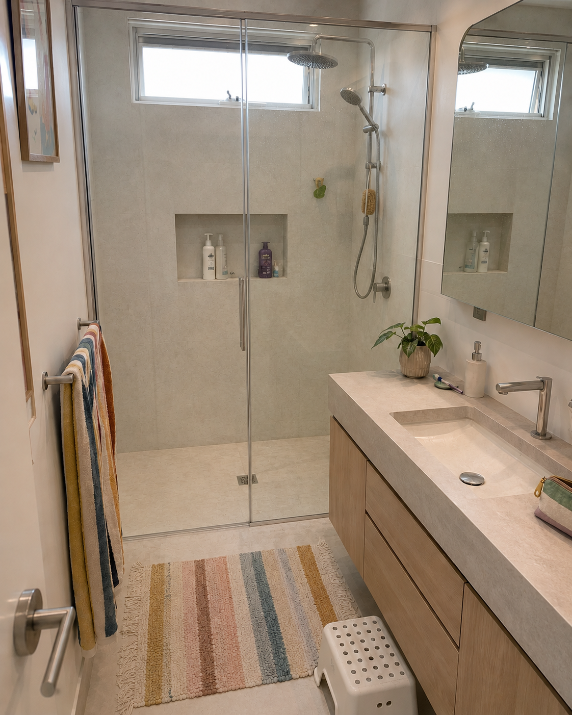 A bathroom with a walk-in shower with a glass door, a beige countertop with a sink, a mirror, a green plant, and colorful towels hanging on a towel bar. Formed Solid Surface