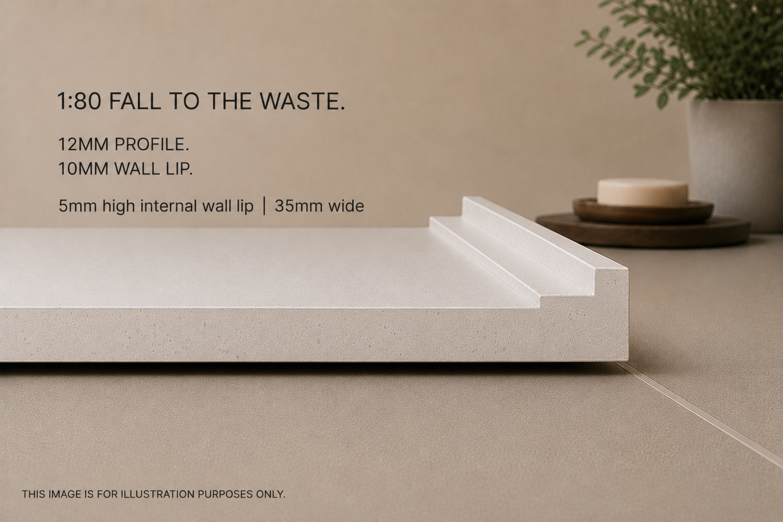 A white foam display with instructions about wall profiles, wall lips, and internal wall lips, placed on a beige surface with decorative items including a plant and trays in the background.