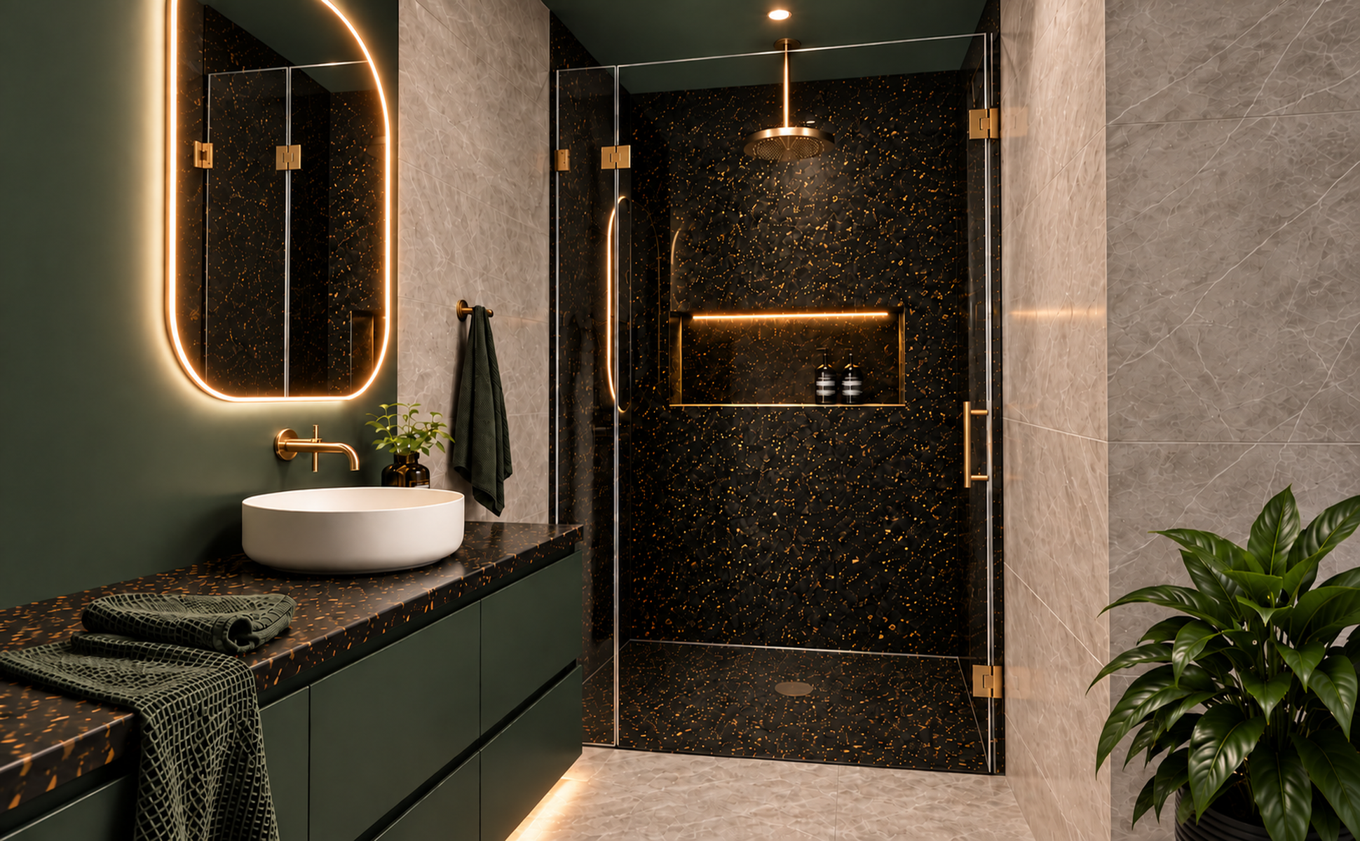 Luxury bathroom featuring a Formed Solar Eclipse solid surface shower base, wall panels, niche and vanity top with gold detailing and dark green cabinetry.