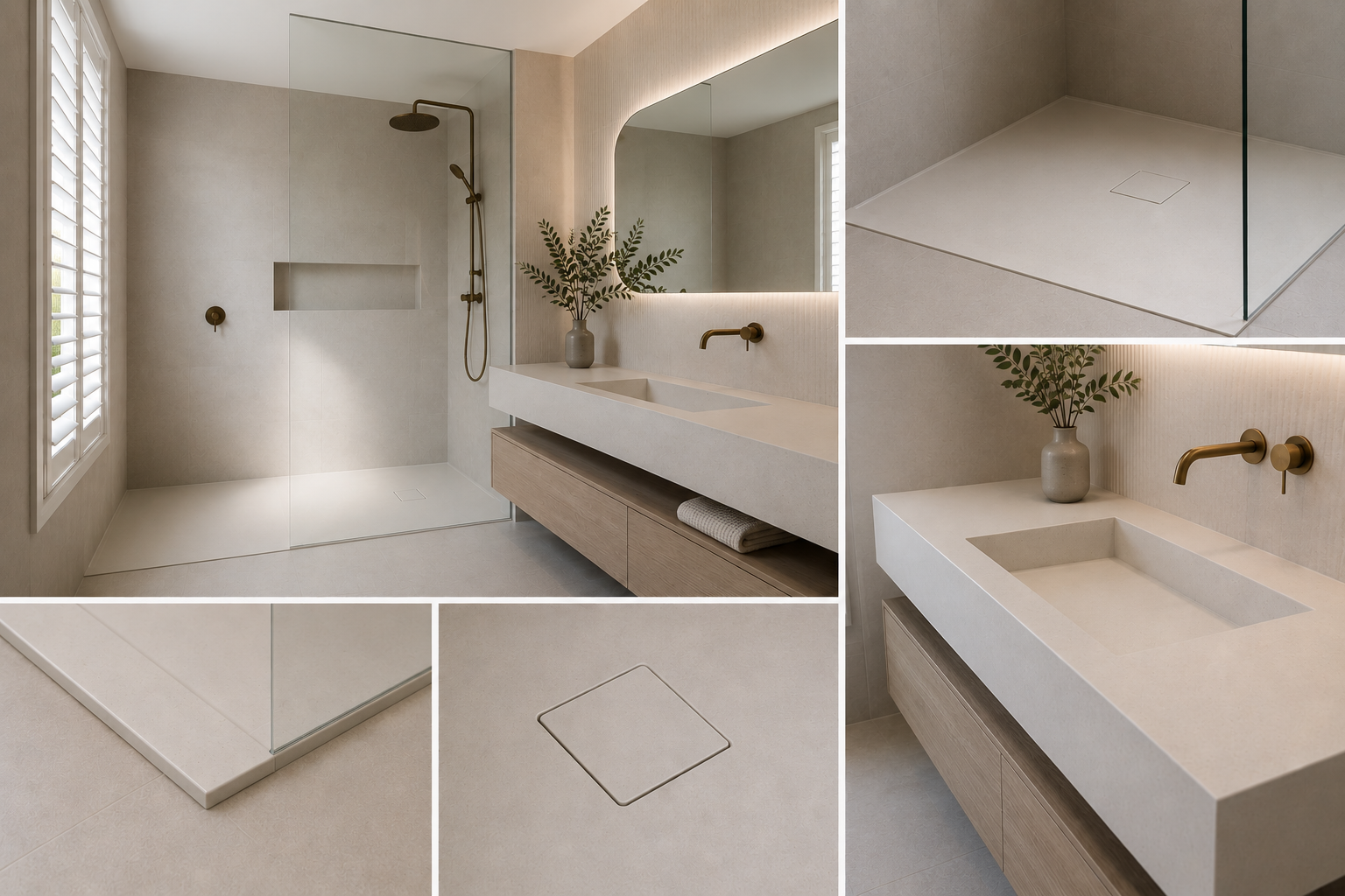 Modern bathroom with walk-in shower, large mirror with backlighting, beige walls, vanity with sink, decorative plant, and tiled flooring with drainage covers. Formed Solid Surface