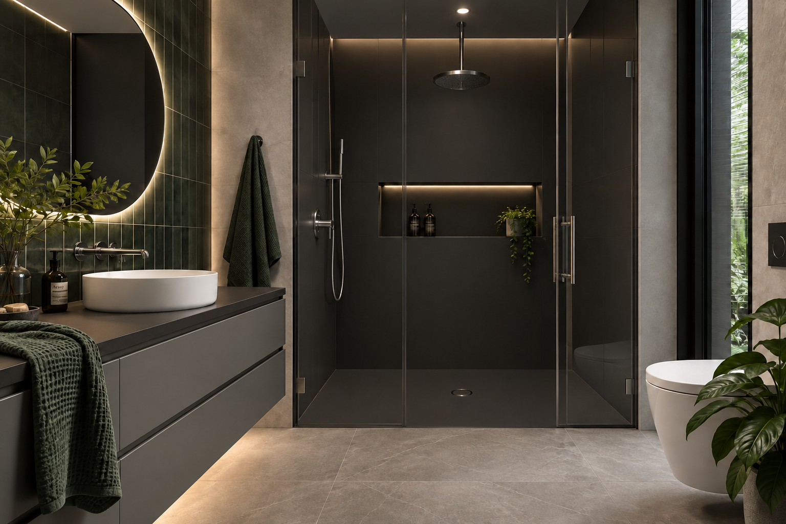 Contemporary bathroom featuring a Formed Dark Jet Black Meganite solid surface shower base, wall panels and integrated niche with a level-entry design.
