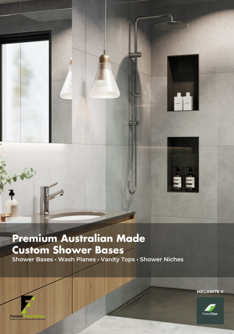 Modern bathroom with a shower area, built-in niches with bottles, a vanity with a sink, and pendant lights hanging from the ceiling.