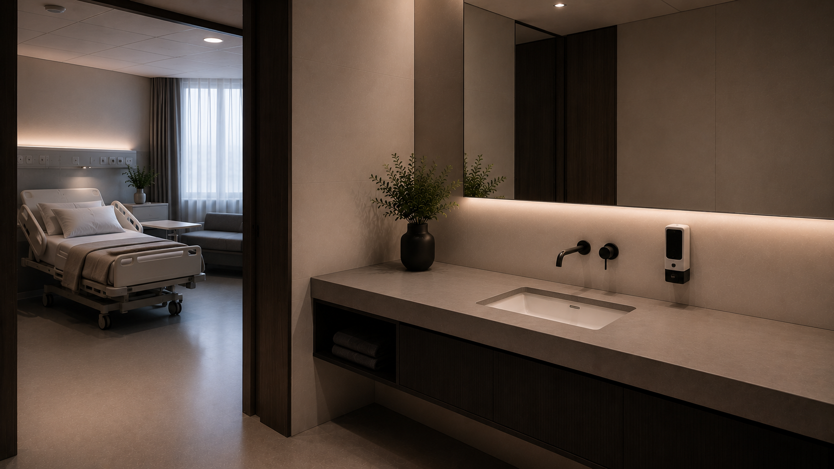 A modern hospital room with a medical bed, side table, and window, seen through a doorway from a bathroom area that features a sink, a large mirror, green plant, and medical supplies. Formed Solid Surface