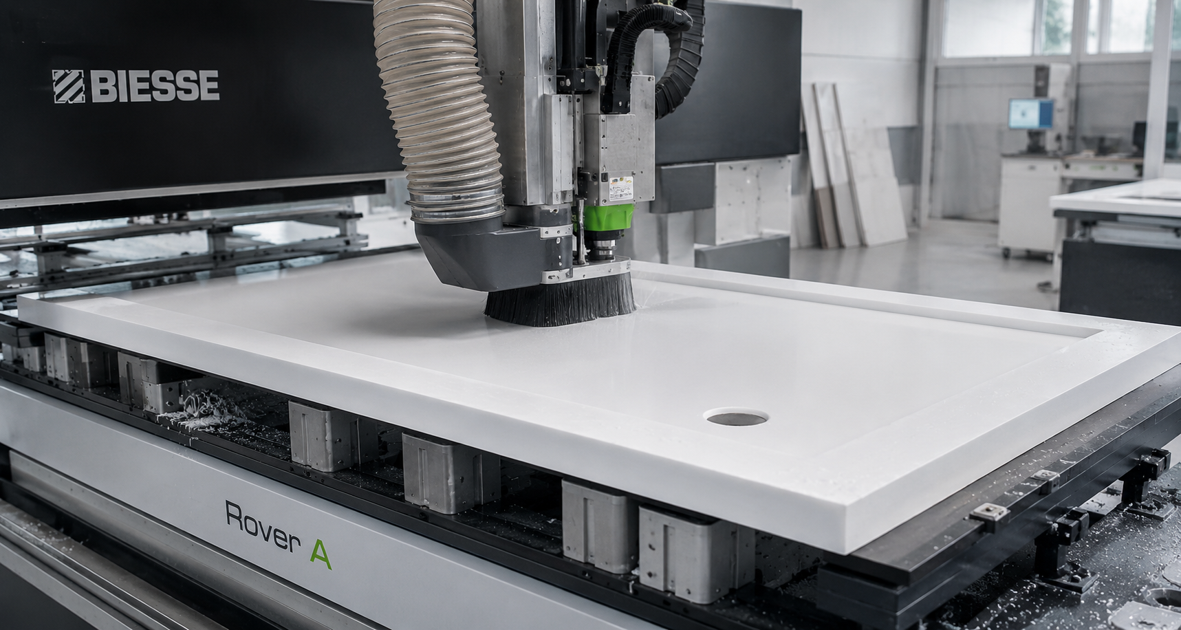 A CNC machine polishing a white marble slab in a workshop.