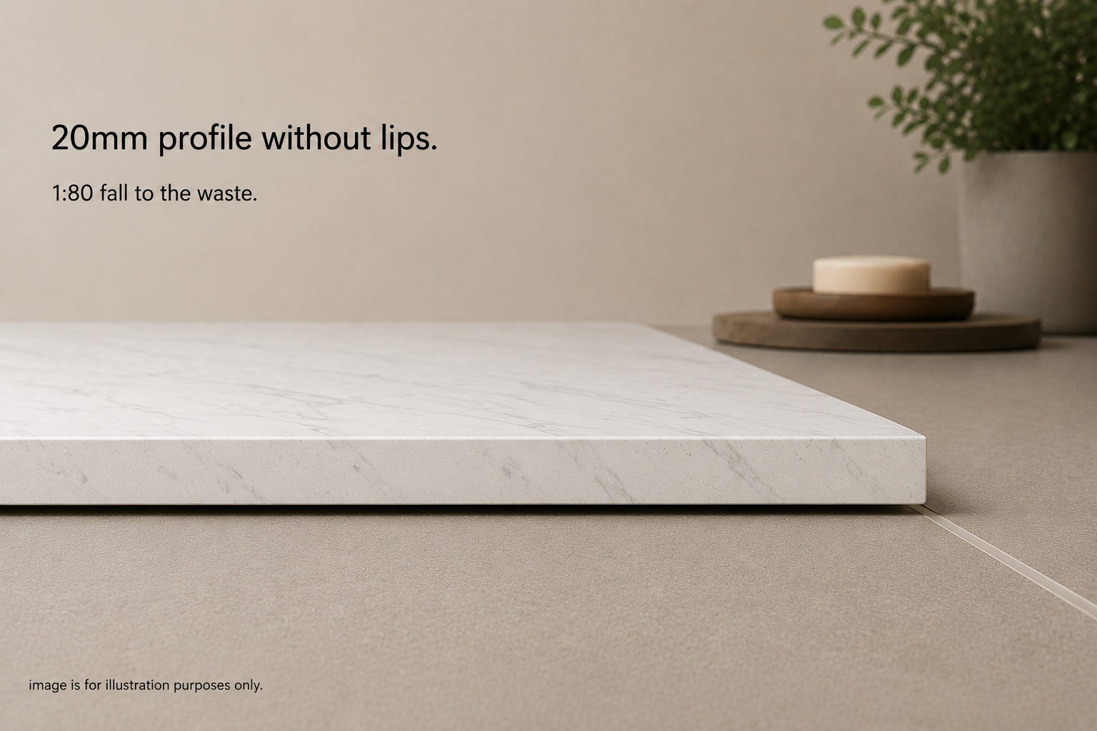 a picture of a 20mm solid surface shower base with no lips in the colour Mt Carrara