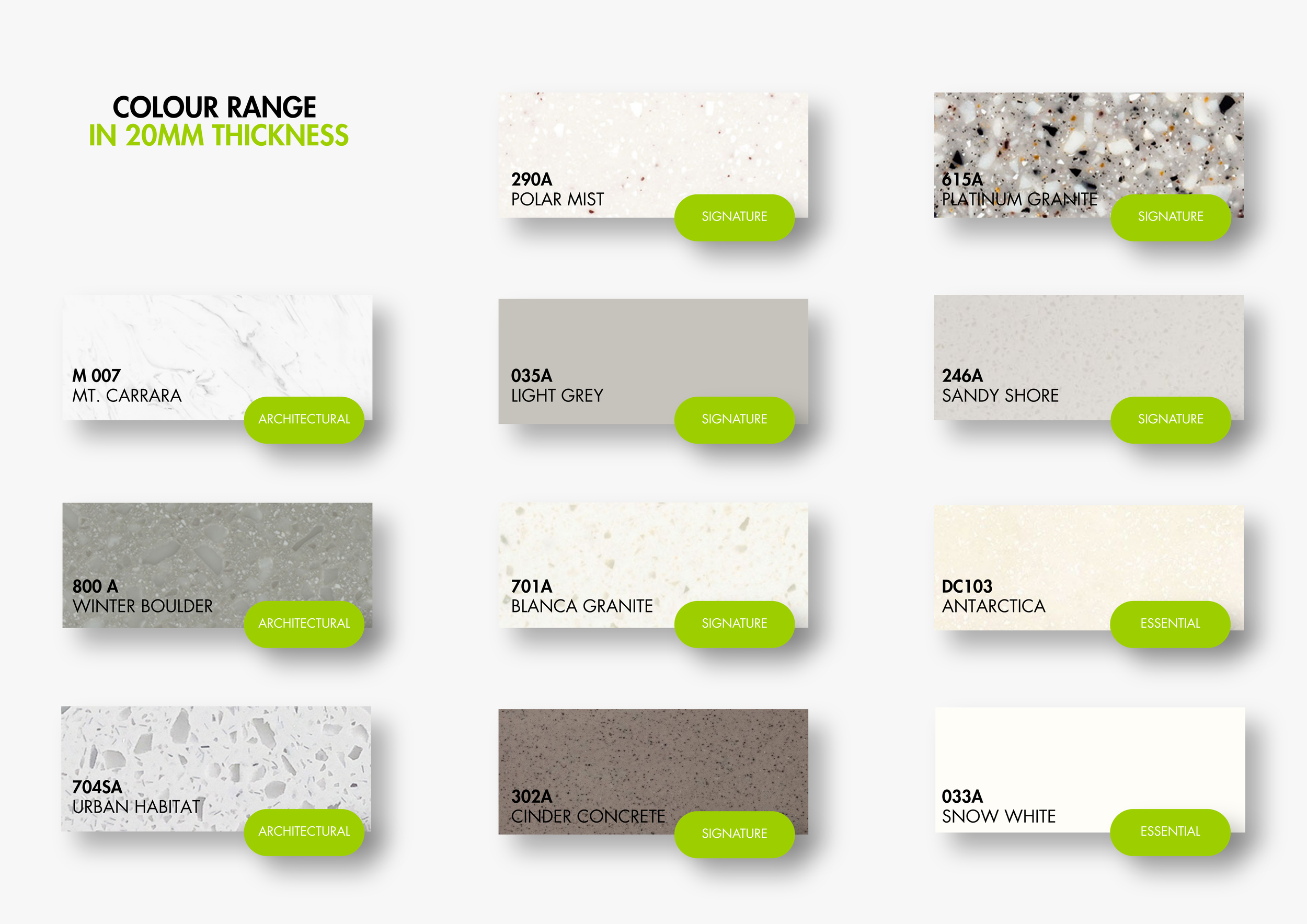 A display of various countertop surface samples in different colors and patterns, each labeled with a code and name, with a tagline about color range in 20mm thickness.