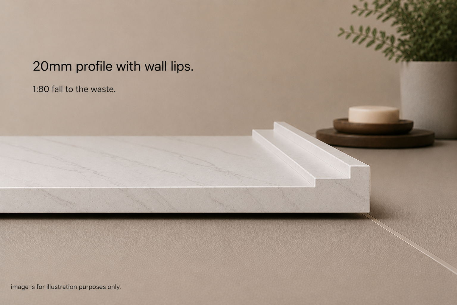 20mm solid surface shower base with wall lips in the colour Mt Carrara