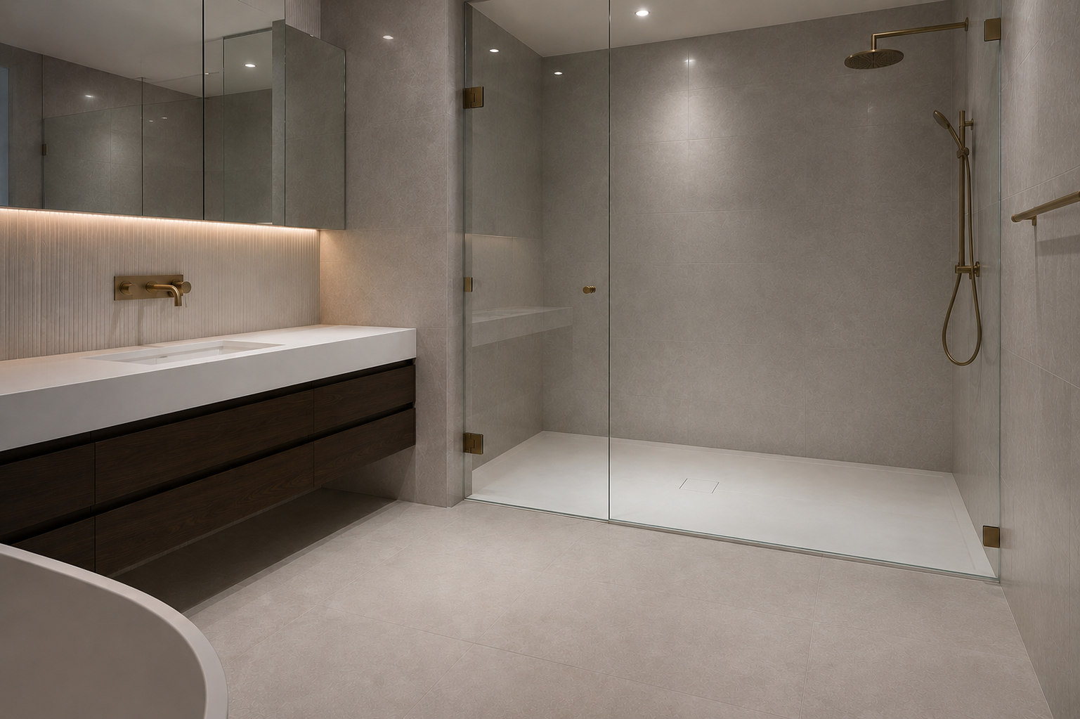 Modern bathroom with a large walk-in shower with glass walls, a white vanity with a double sink, and gold fixtures including a showerhead, faucets, and hinges. Formed Solid Surface