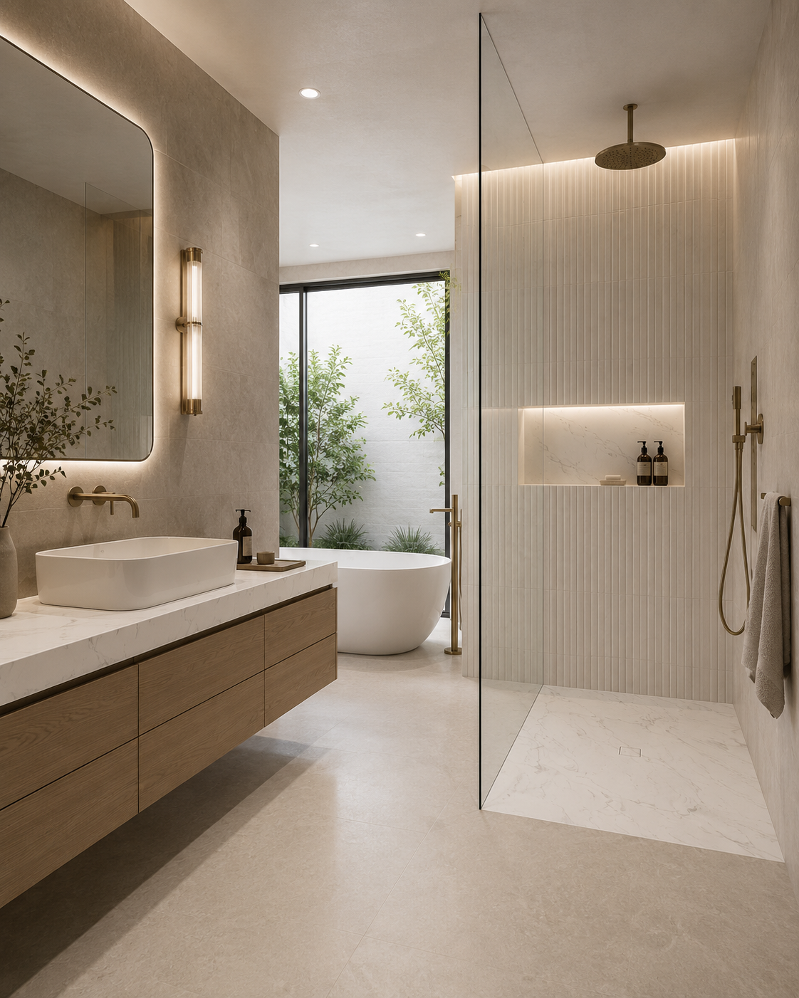 Modern bathroom featuring a large mirror with backlit lighting, a vessel sink with a contemporary faucet, a wooden vanity, a freestanding bathtub near a window with outdoor greenery, and a walk-in shower with beige textured walls and built-in shelves.