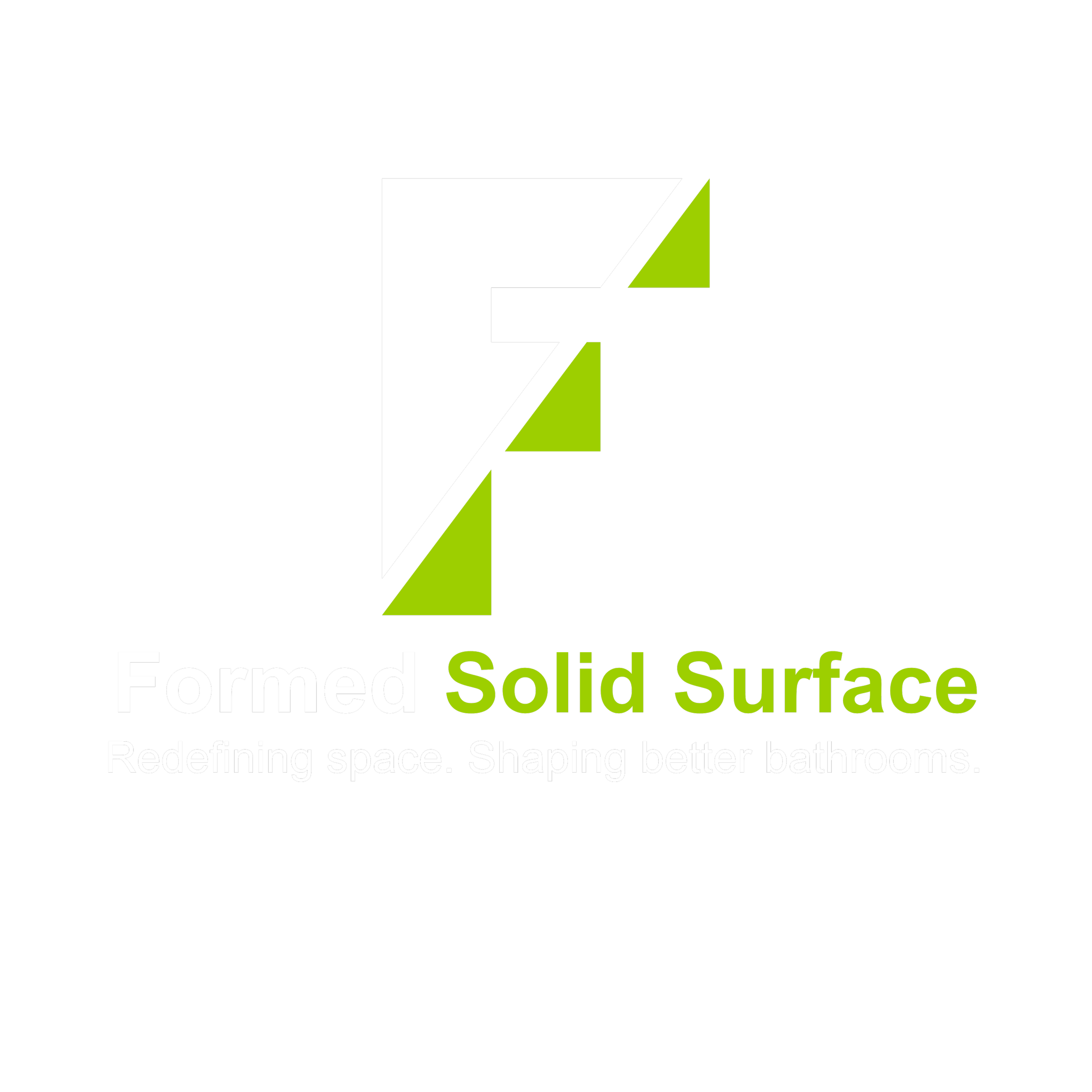 Logo for Formed Solid Surface with a stylized 'F' and green accents, and the text 'Redefining space. Shaping better bathrooms.'