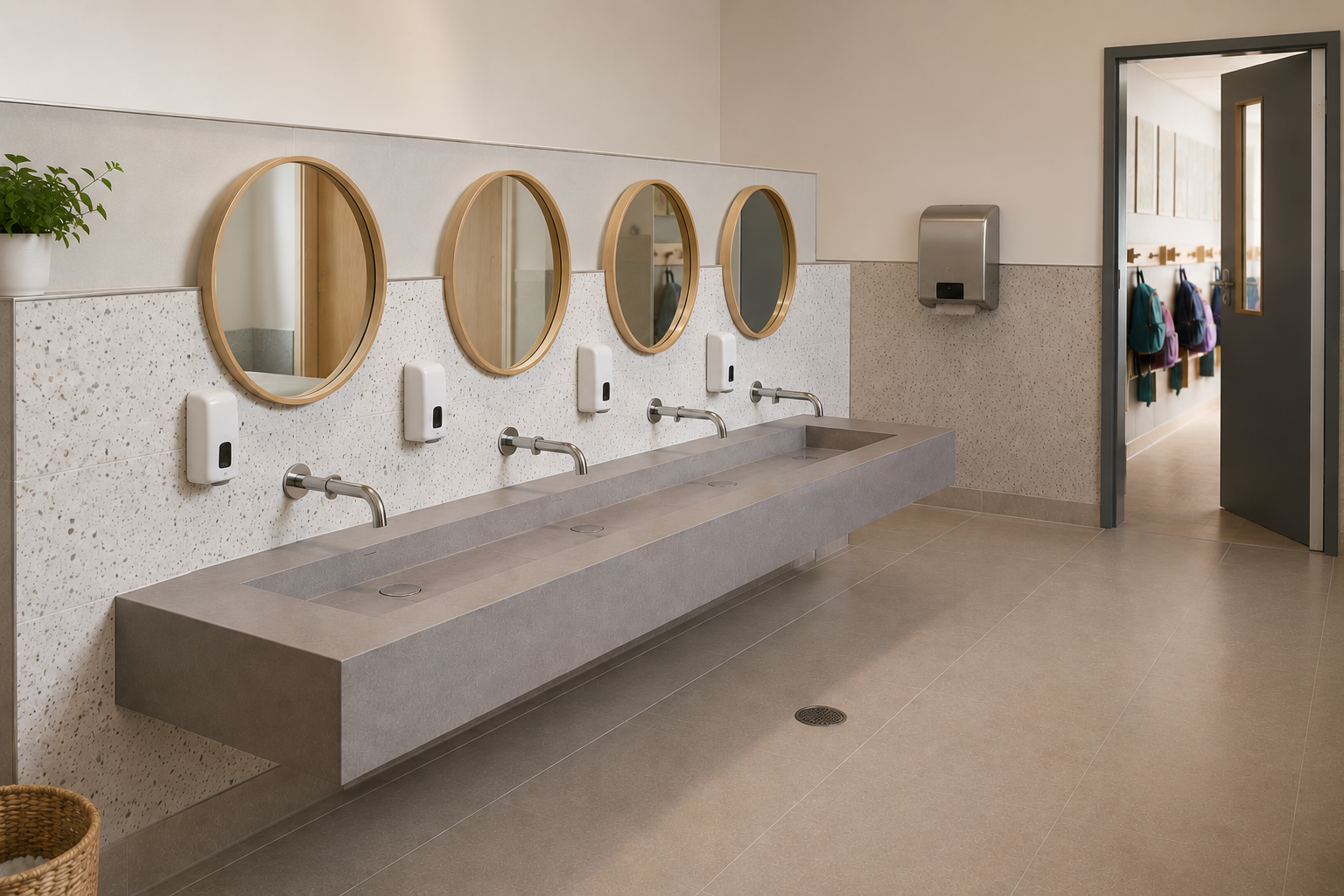 Public restroom with a long gray sink, four round mirrors, three automatic soap dispensers, and a paper towel dispenser on the wall. There is a door leading to a coat area with backpacks. Formed Solid Surface