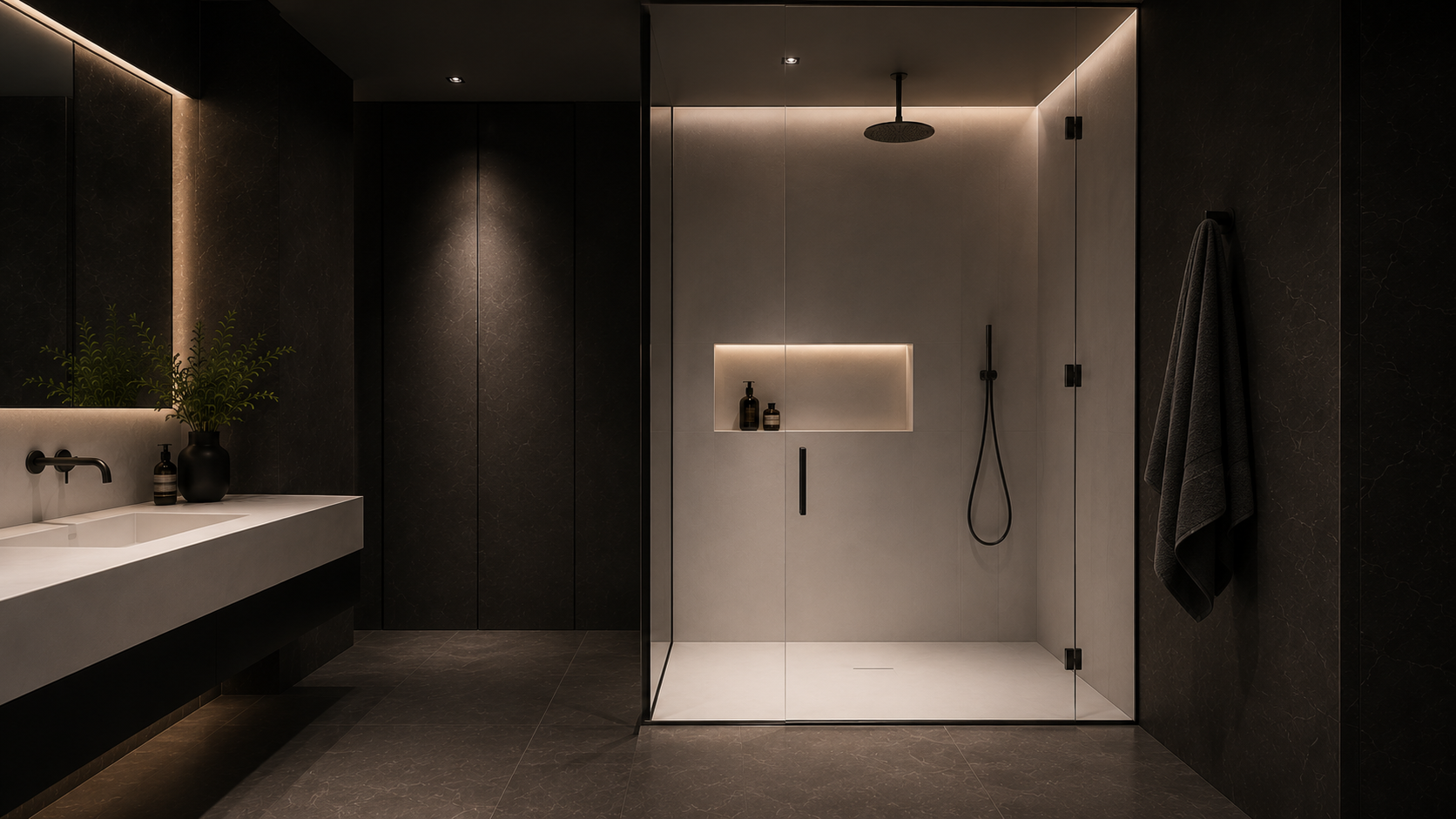 Modern bathroom with dark walls and flooring, featuring a white countertop with sink and black faucet, a black vase with green foliage, and a walk-in shower with glass doors, built-in shelf, and black fixtures.