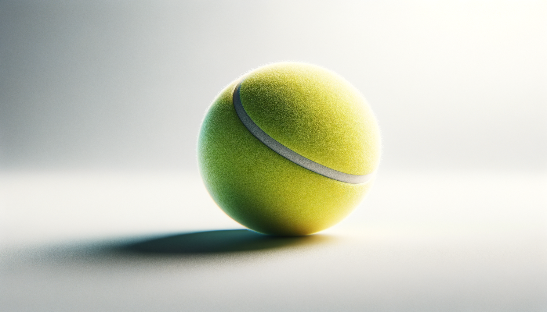 A bright yellow-green tennis ball with a curved white seam on a light-colored surface, casting a shadow to its left.