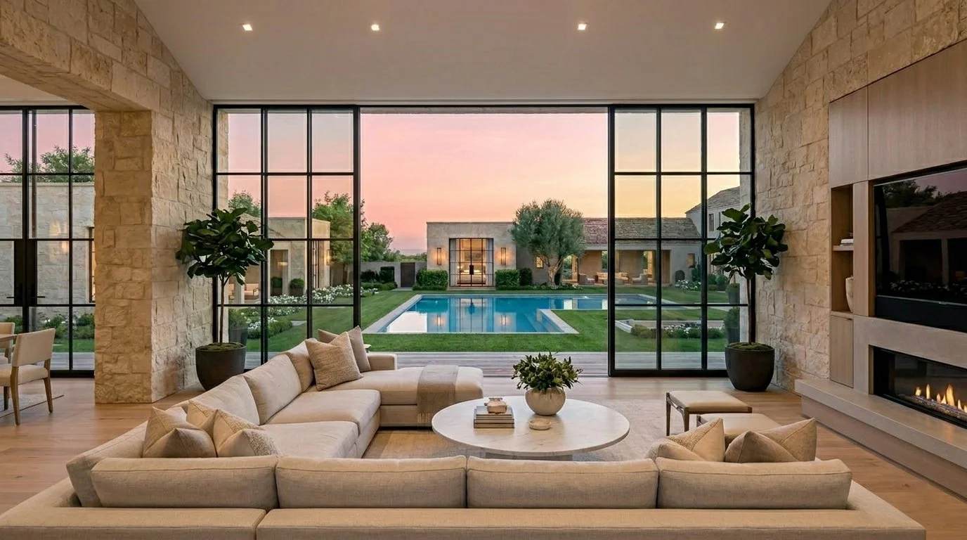 Living room with large floor-to-ceiling windows overlooking a backyard with a swimming pool, surrounded by greenery.