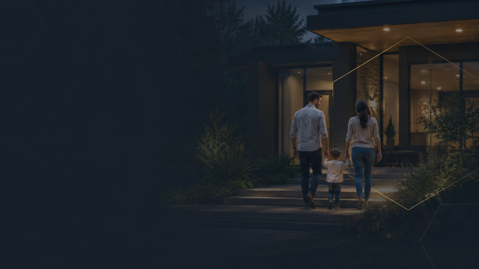 A family walking toward their home at dusk