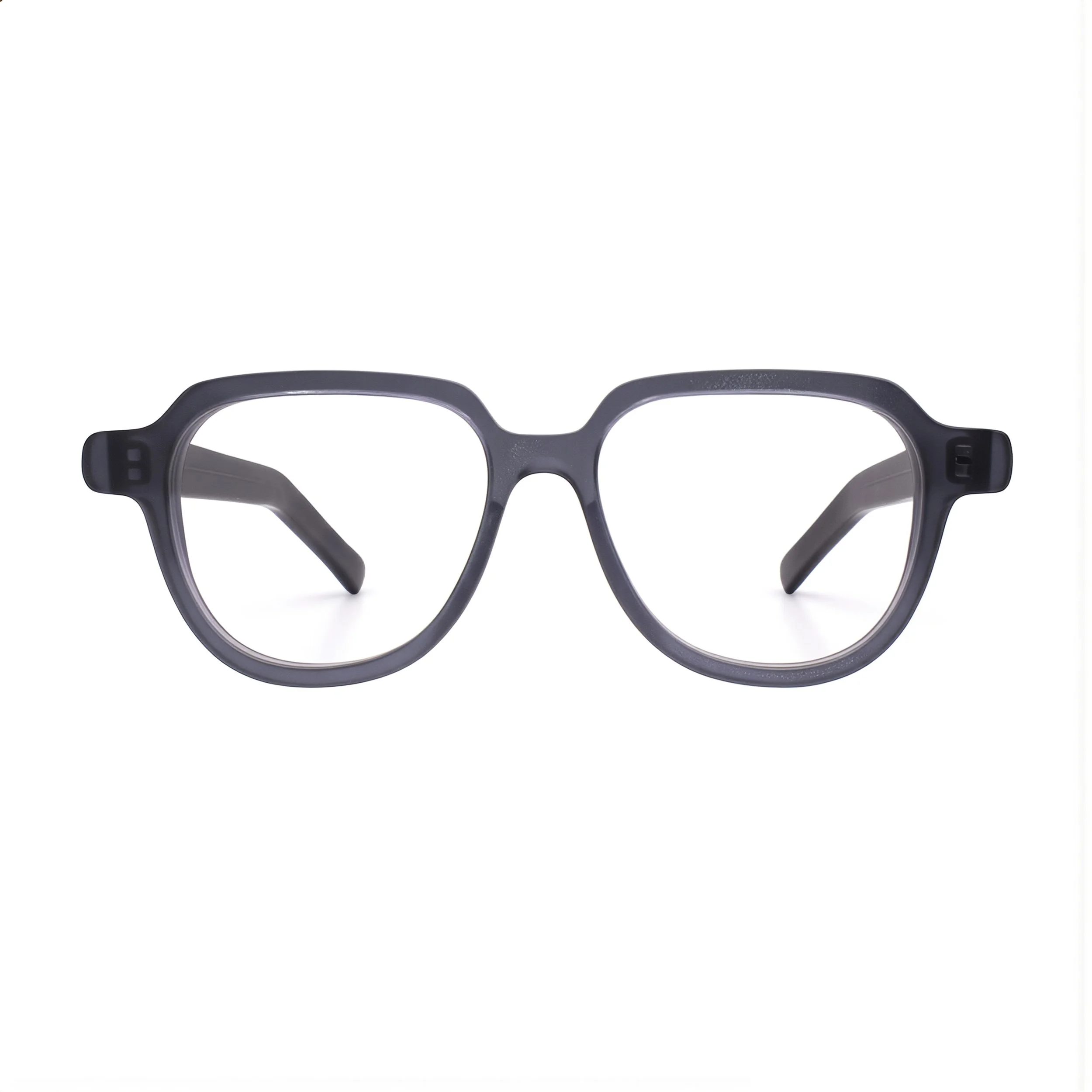 Part of a black eyeglasses frame positioned at the bottom of the image.