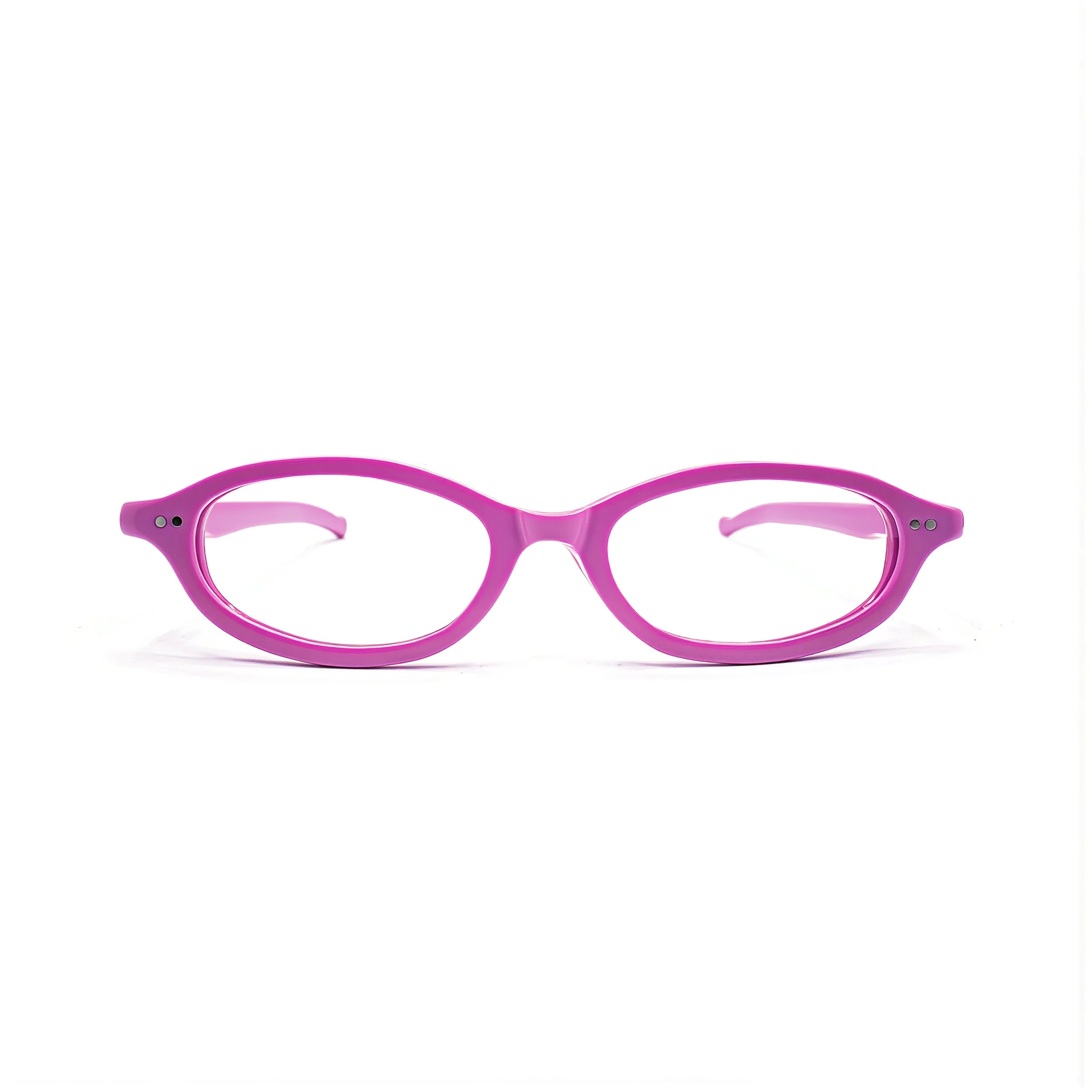 Pink pair of eyeglasses with purple accents on a white background.