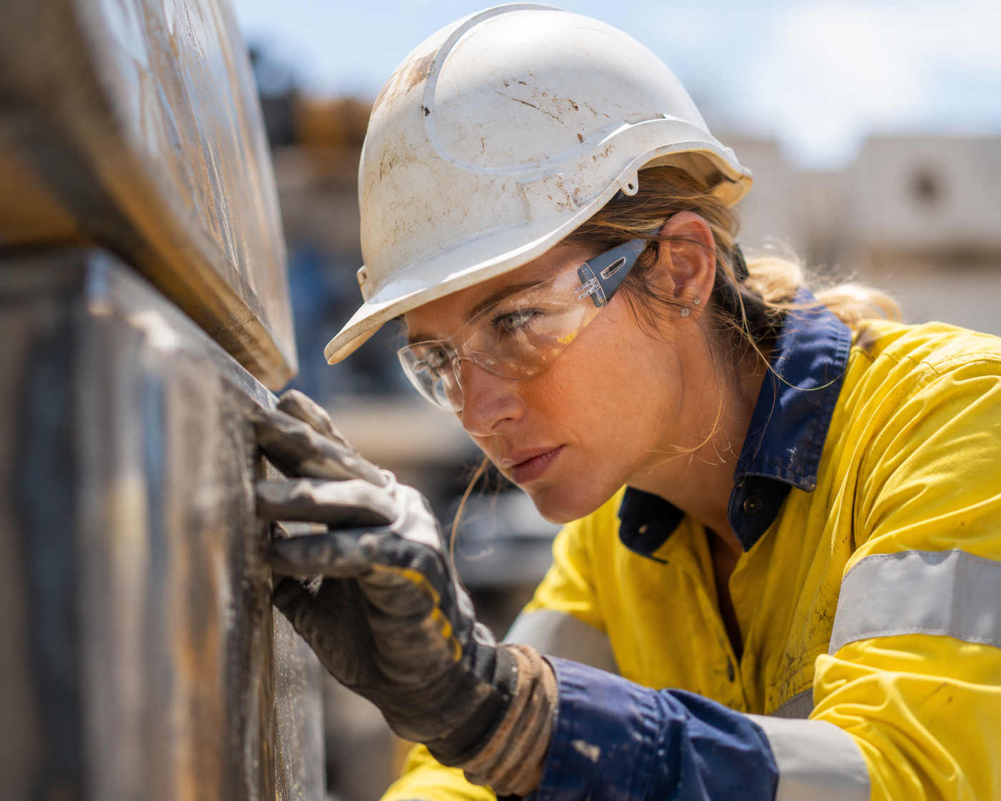 A female construction worker in safety gear examining a steel structure at a construction site.