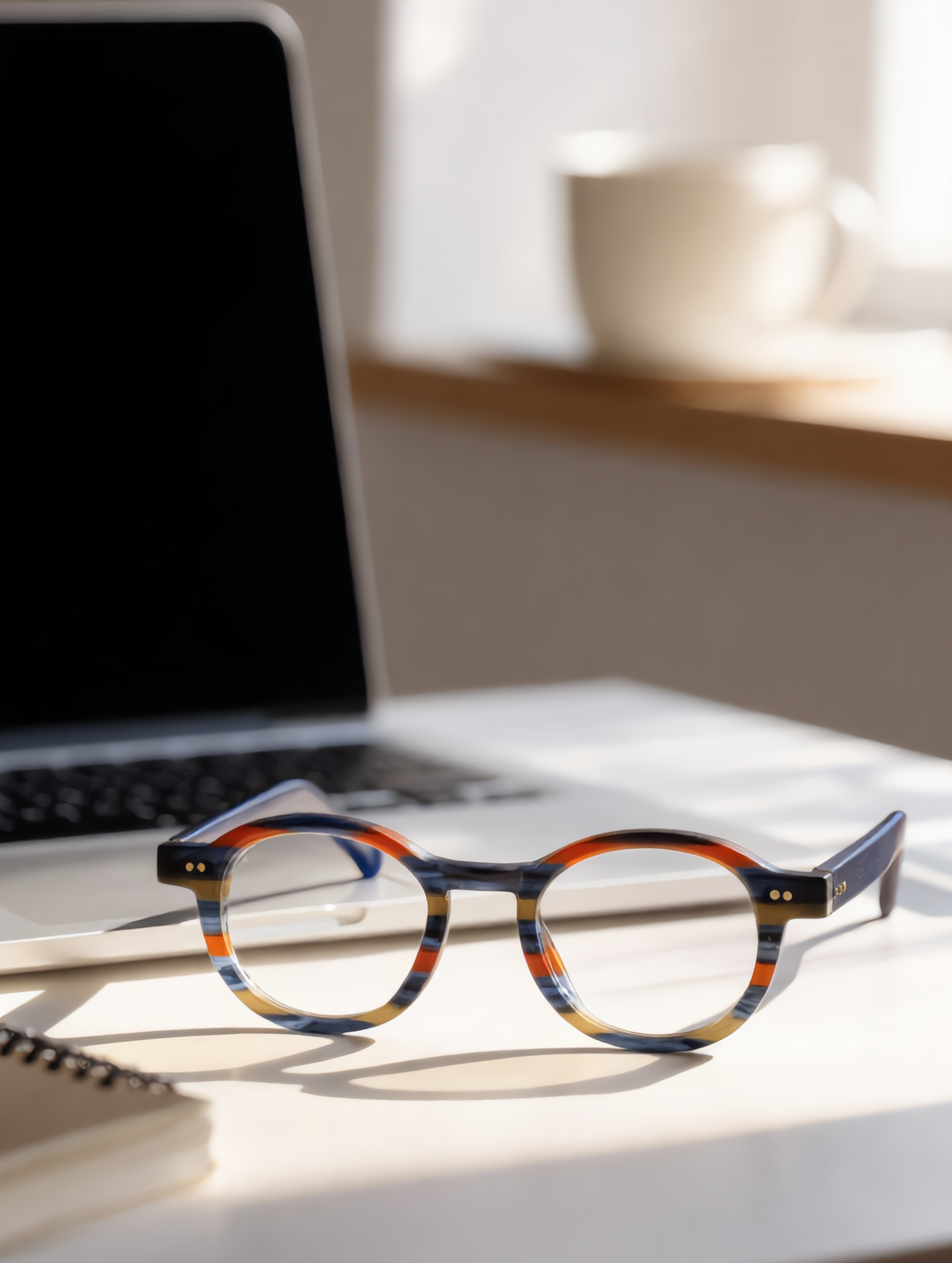 A pair of tortoiseshell eyeglasses resting on a white surface with a laptop and a cup in the blurred background.