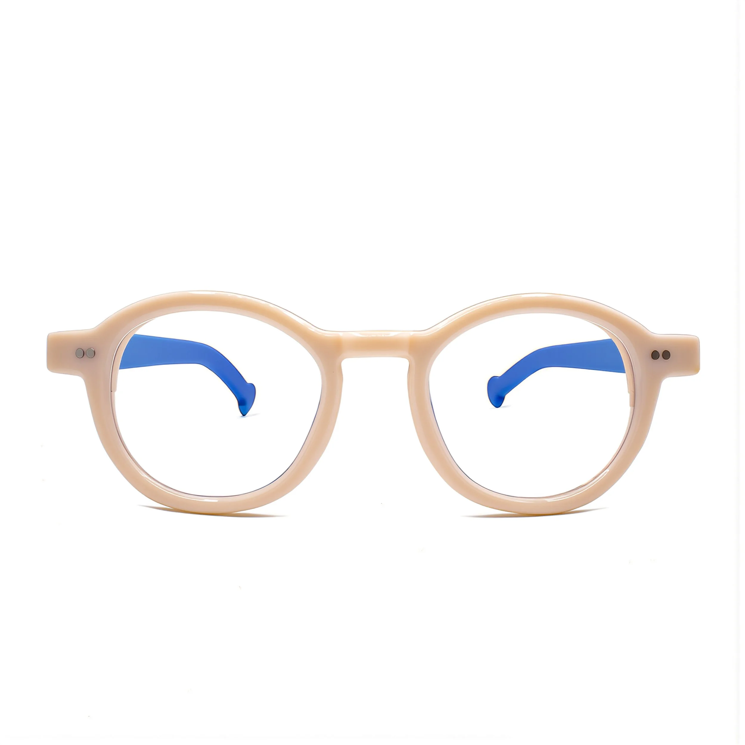 Close-up of eyeglasses with beige and blue frames