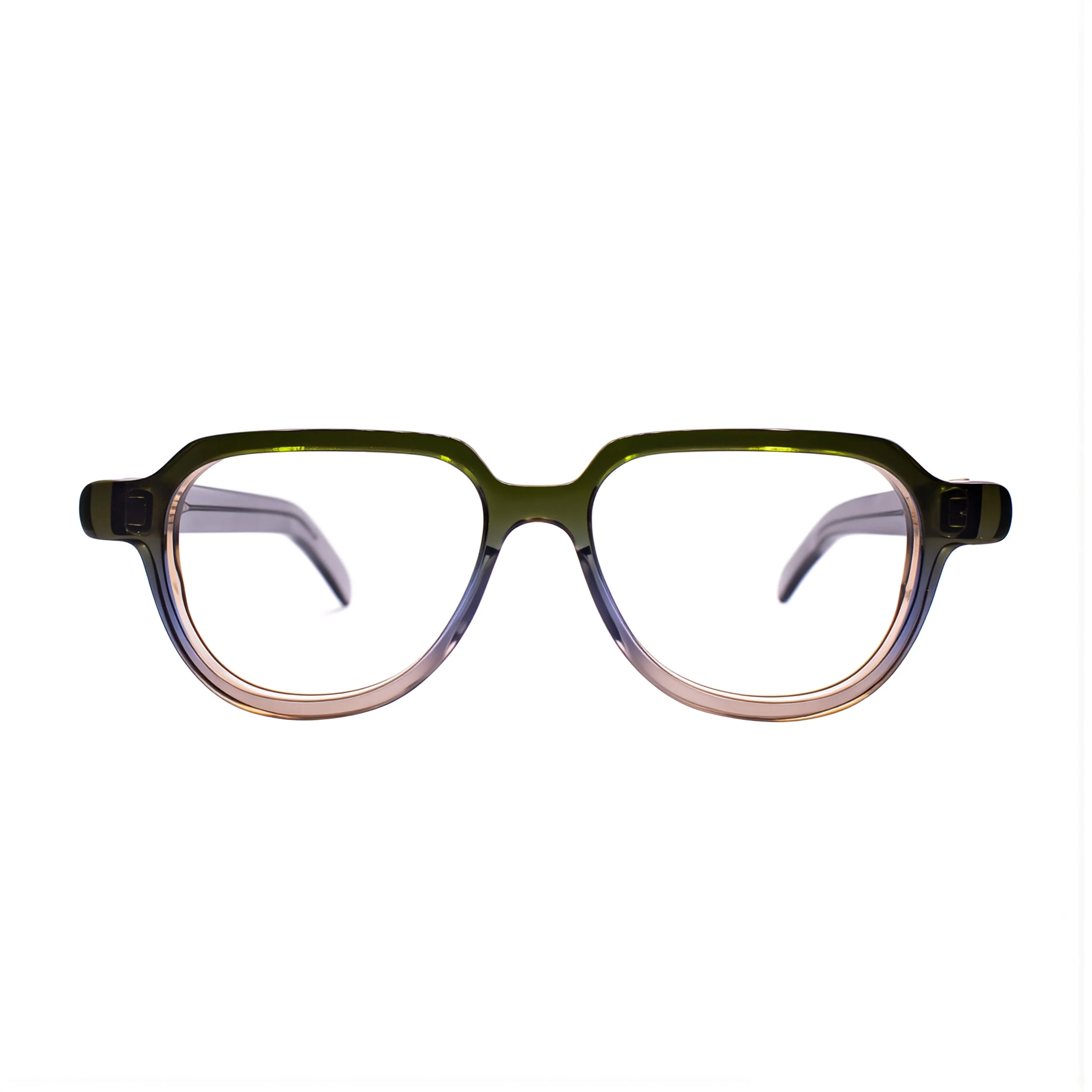 A pair of eyeglasses with yellowish-green and purple frames against a white background.