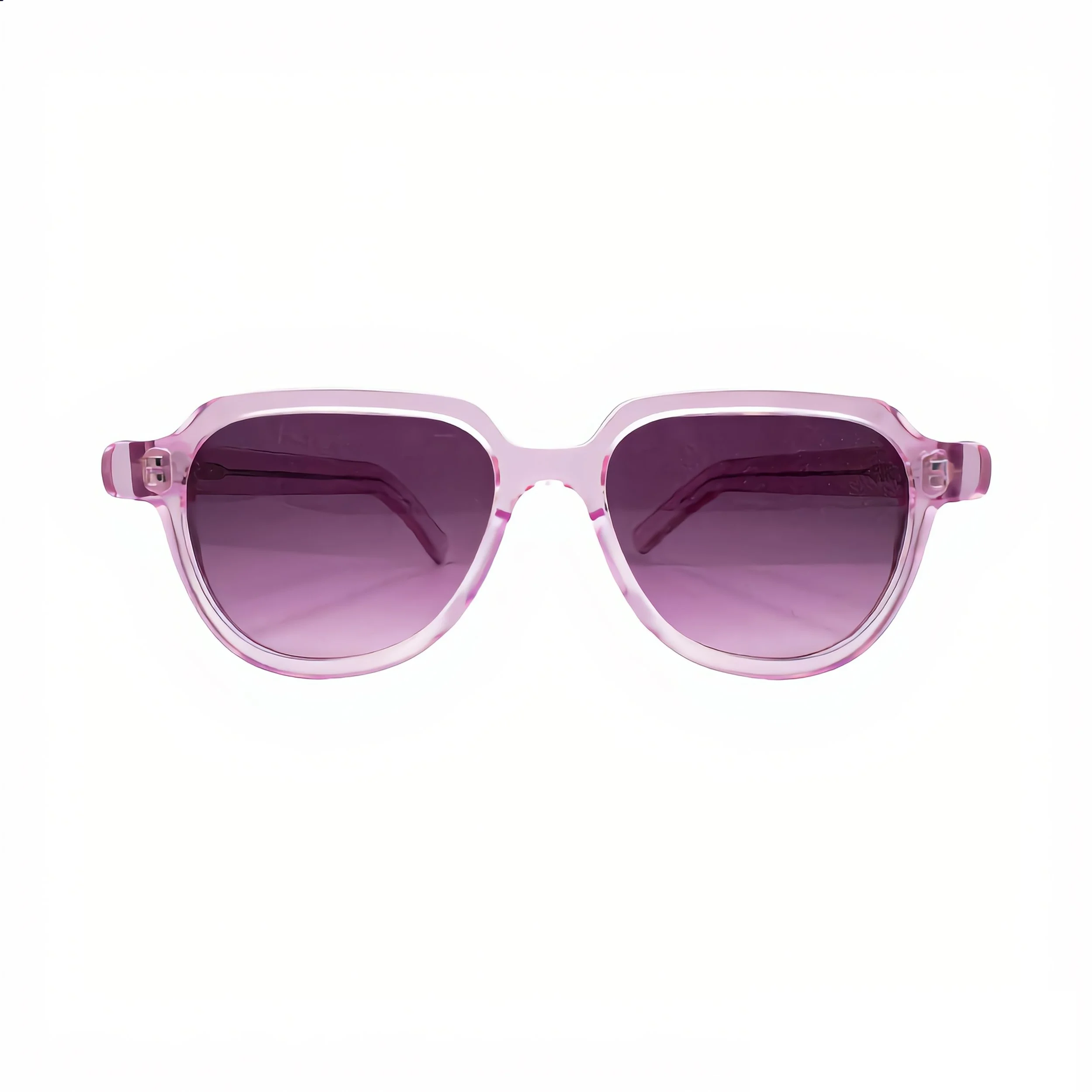 Pink sunglasses with purple-tinted lenses on a white background.
