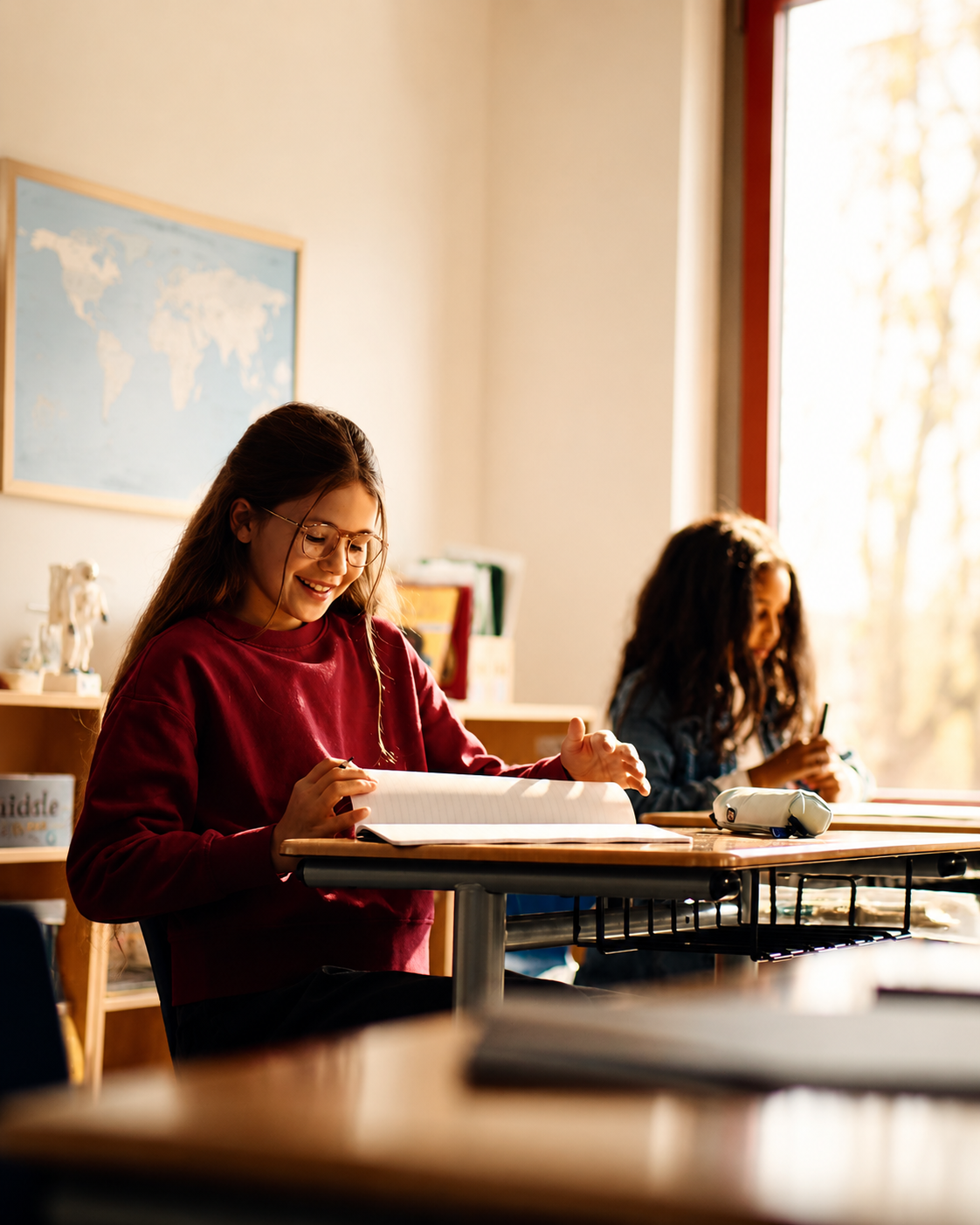A smiling girl with glasses wearing a red sweatshirt sitting at a desk in a classroom with another girl in the background, both engaged in schoolwork.