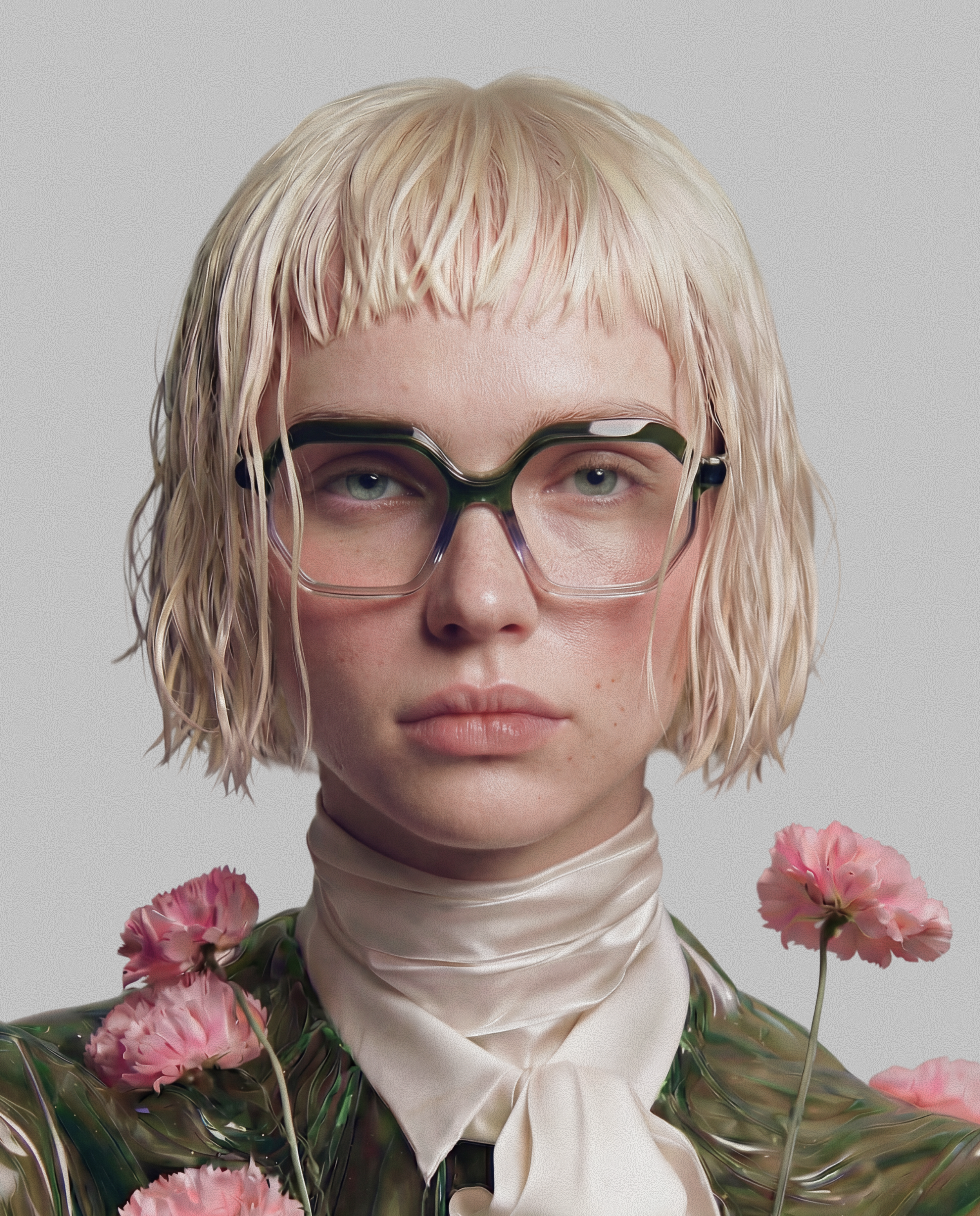A person with short blonde hair wearing glasses and a white neck scarf, surrounded by pink flowers and greenery, against a plain light background.