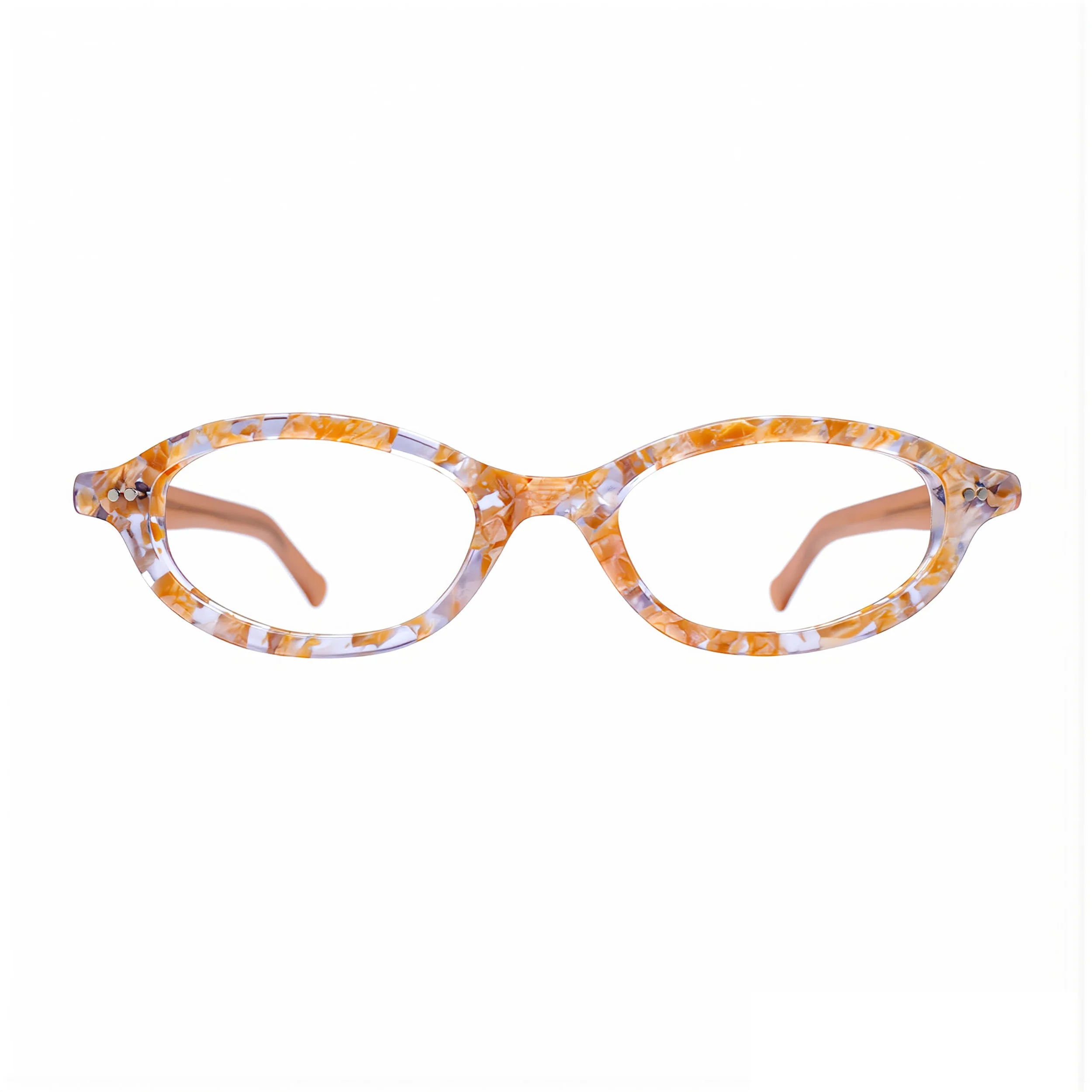 Close-up of patterned eyeglasses with a marbled orange and white frame.