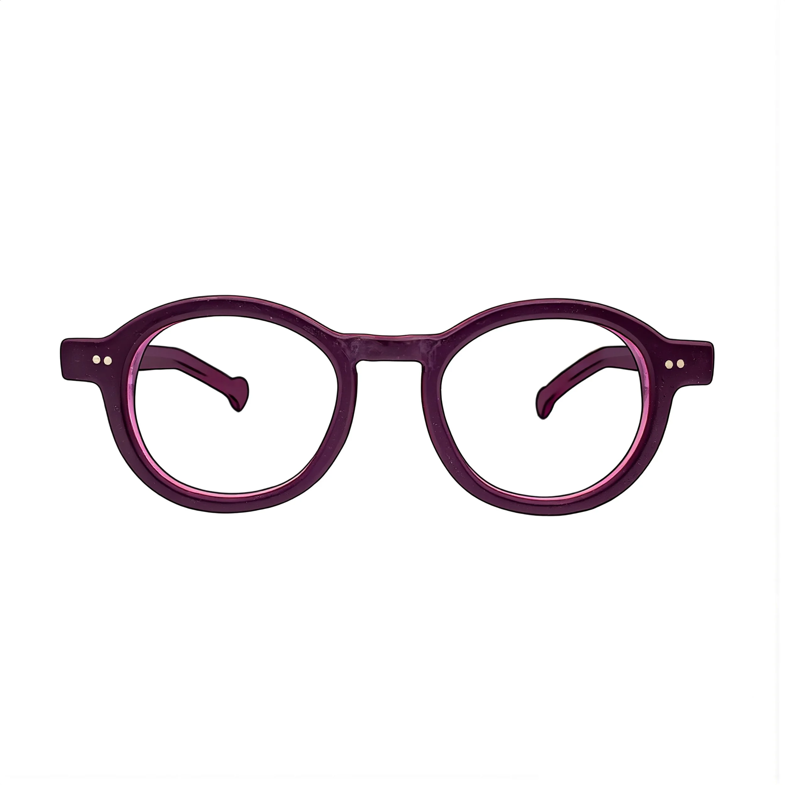 Close-up of purple eyeglasses with round frames on a white background.